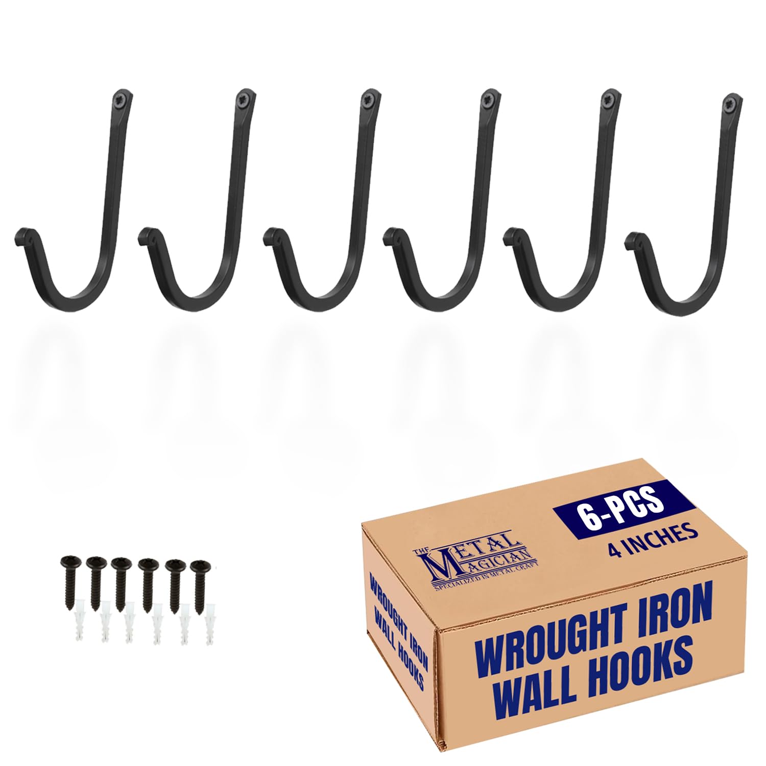 Vintage Hand Forged Iron Hooks Set of 6 - Rustic Single Prong Wrought Iron Wall Hooks - Decorative Colonial Style Metal Hangers for Coats, Hats, Keys & Home Décor - Perfect for Farmhouse, Cabin & Entryway Organization