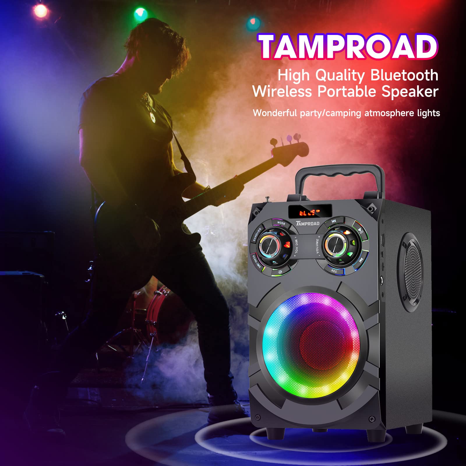 60W Powerful Bluetooth Speaker with Deep Bass Subwoofer - Wireless Portable Speaker with Bluetooth 5.0, FM Radio, LED Lights & 8000mAh Battery - Ideal for Home Parties, Outdoor Gatherings, Karaoke & Gift Giving