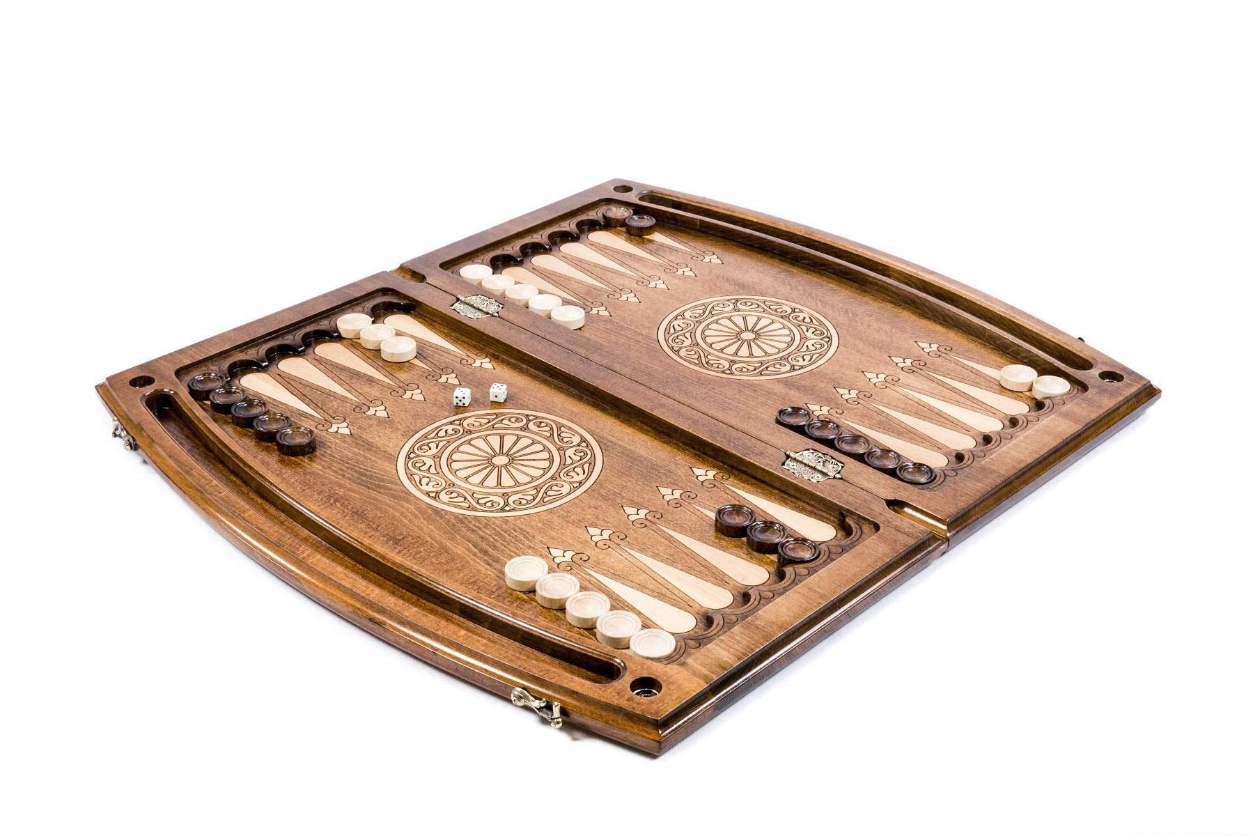 Handmade Walnut Wood Backgammon Board Game - Armenian Nardi Nardy with Floral Carvings - Classic Checkers & Chess Tabletop Game for Adults - Perfect Gift for Game Nights & Home Decor