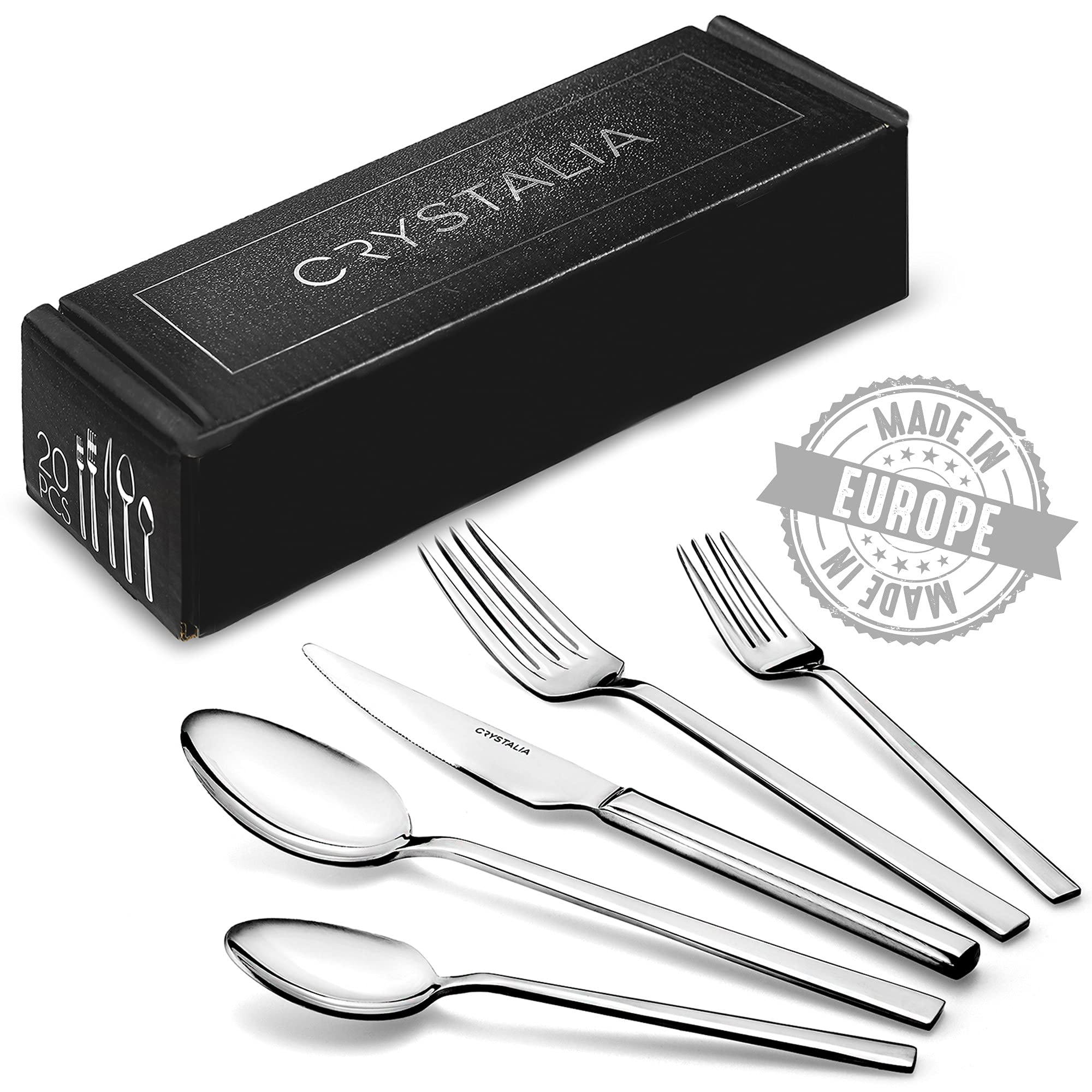 Crystalia 20-Piece Stainless Steel Silverware Set - 18/10 Flatware Cutlery Set with Forks, Spoons & Knives - Elegant Dinnerware for 4 People - Perfect for Home Dining, Restaurant Use & Kitchen Serving (Vision)