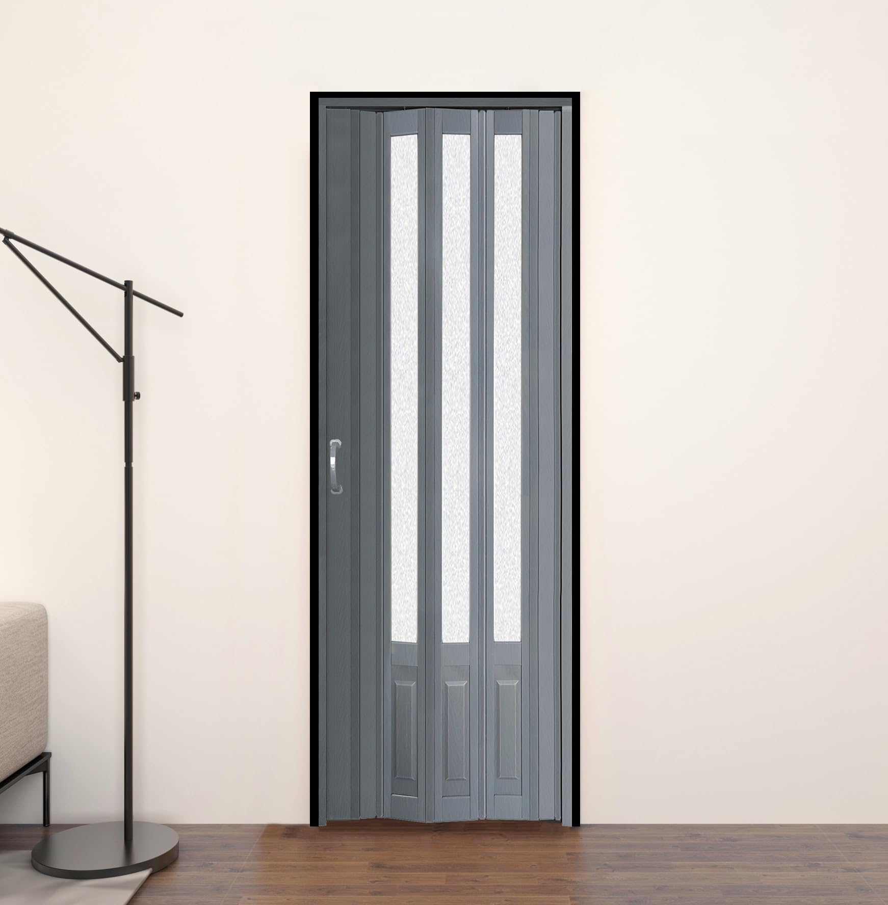 32X96 Inch Grey PVC Accordion Folding Door with Acrylic Glass & Mounting Hardware - Space Saving Multifold Closet Door for Bedroom, Laundry Room or Office Partition