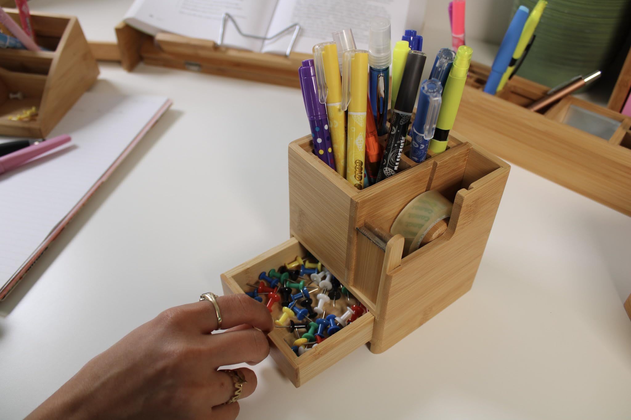 Desktop Organizer with Adhesive Tape Dispenser - Office Desk Accessories for Paper Clips, Pens & Stationery - Perfect for Home Office, School & Workspace Organization