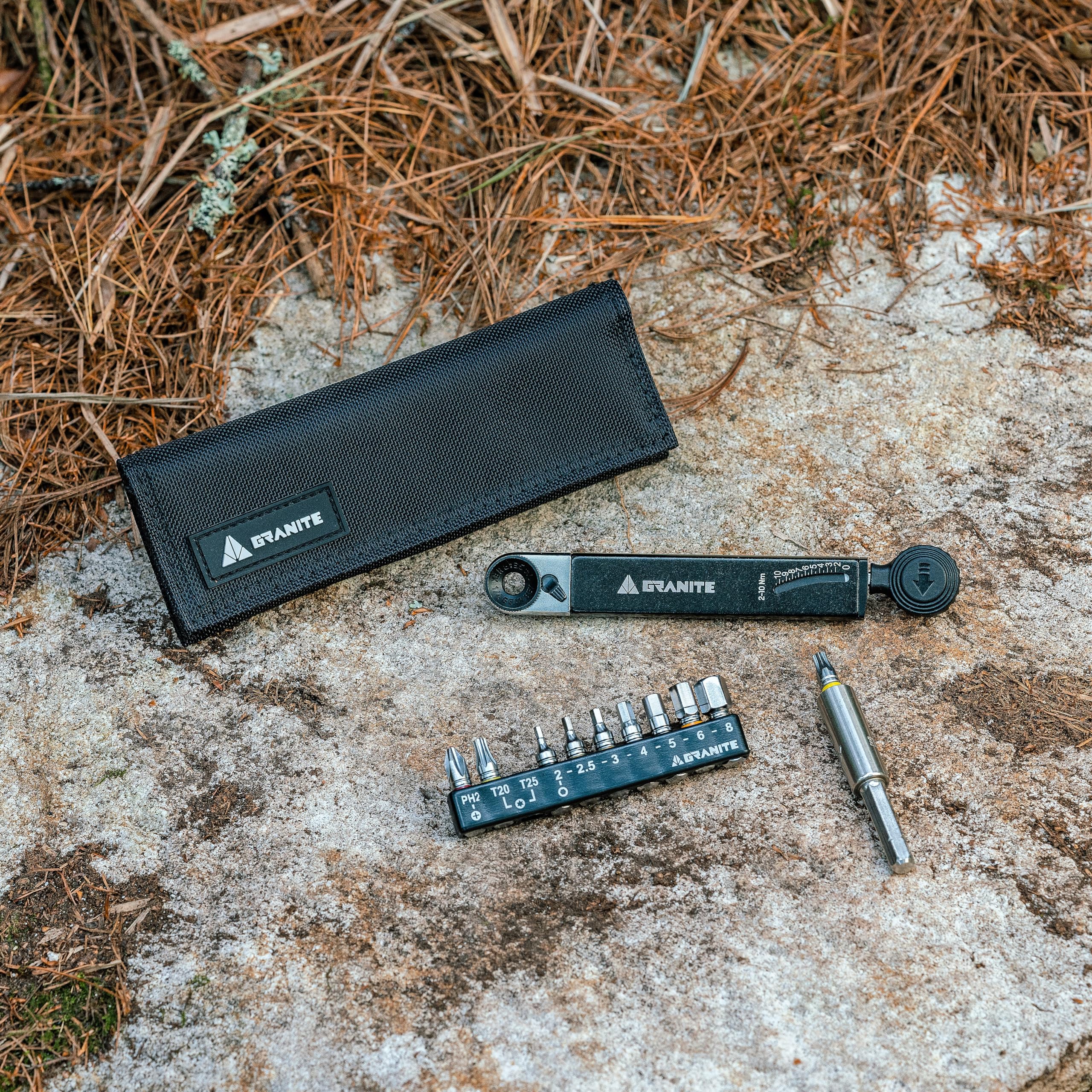Granite Rocknroll TQ Torque Ratchet Bike Tool Kit - 10-in-1 Multitool with Extension Rod for Mountain, Road & Gravel Bikes | Portable Cycling Repair Kit for On-the-Go Maintenance (Black)