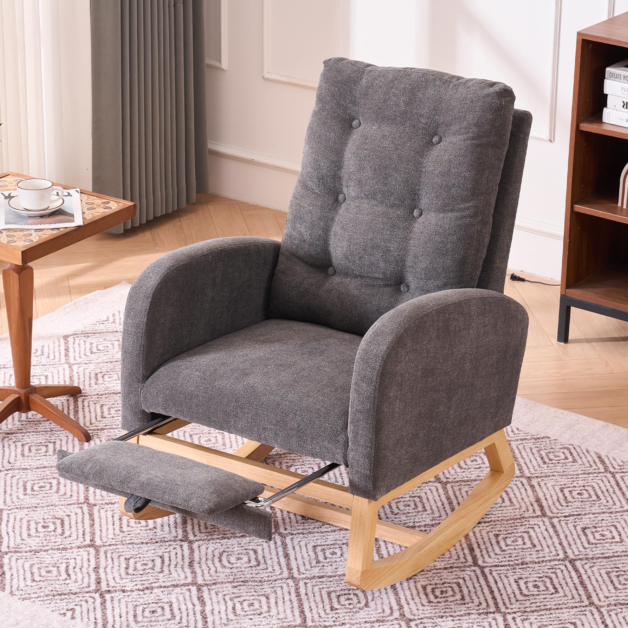Comfy Nursery Rocking Chair with Retractable Footrest - High Back Glider Rocker with Padded Seat - Accent Armchair for Living Room, Bedroom & Office (Gray) - Perfect for Nursing, Reading & Relaxing