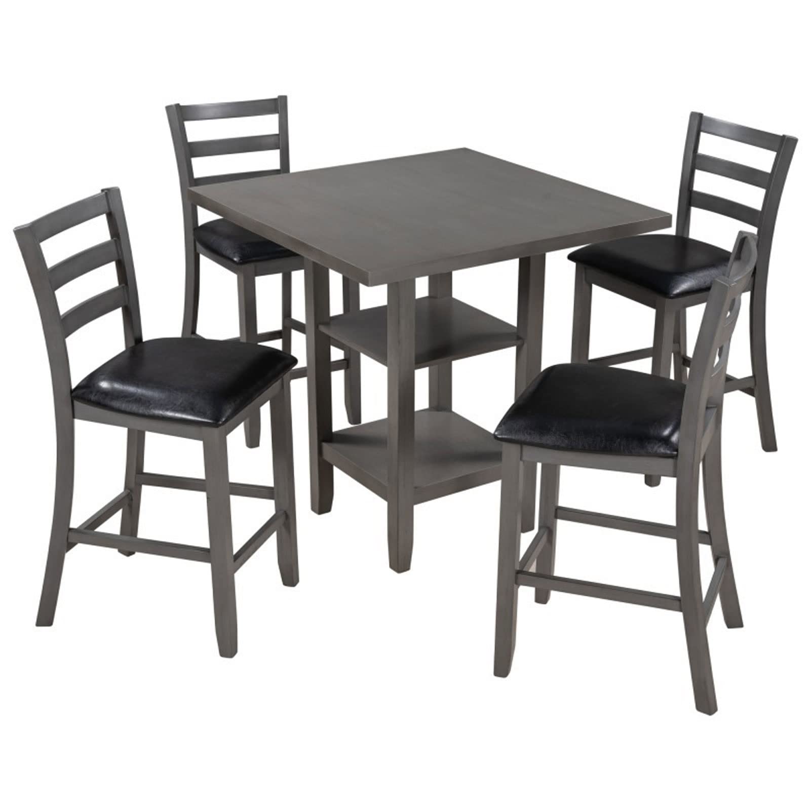 BZGWECD 5-Piece Counter Height Dining Set - Wooden Square Kitchen Table with 2-Tier Storage Shelves & 4 Padded Chairs in Gray - Perfect for Small Spaces, Breakfast Nooks and Modern Apartments