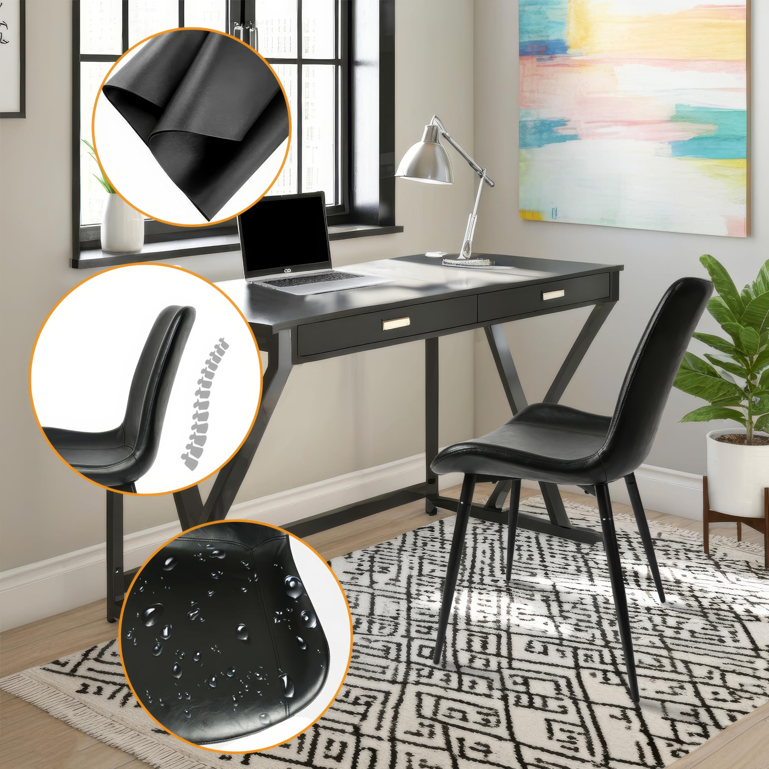 Modern Black Faux Leather Dining Chairs Set of 4 - Armless Upholstered Kitchen Side Chairs with Soft Backrest & Sturdy Metal Legs for Dining Room, Living Room, Office, Restaurant | Comfortable Seating for Family Meals, Entertaining Guests & Home Decor