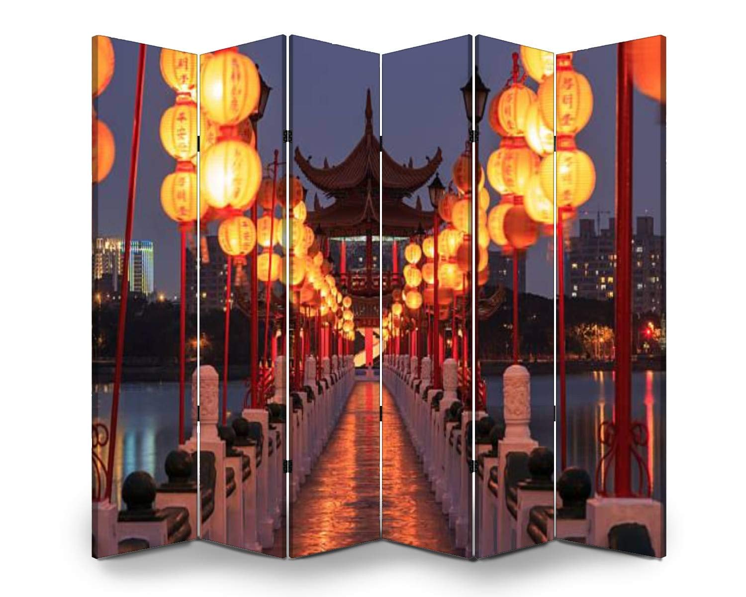 APED DECOR 6-Panel Wooden Room Divider - Spring & Autumn Pavilions Lotus Pond Design, Folding Privacy Screen with Dual-Sided Canvas Art, Indoor Wall Partition for Home Office, Bedroom, and Studio Decor