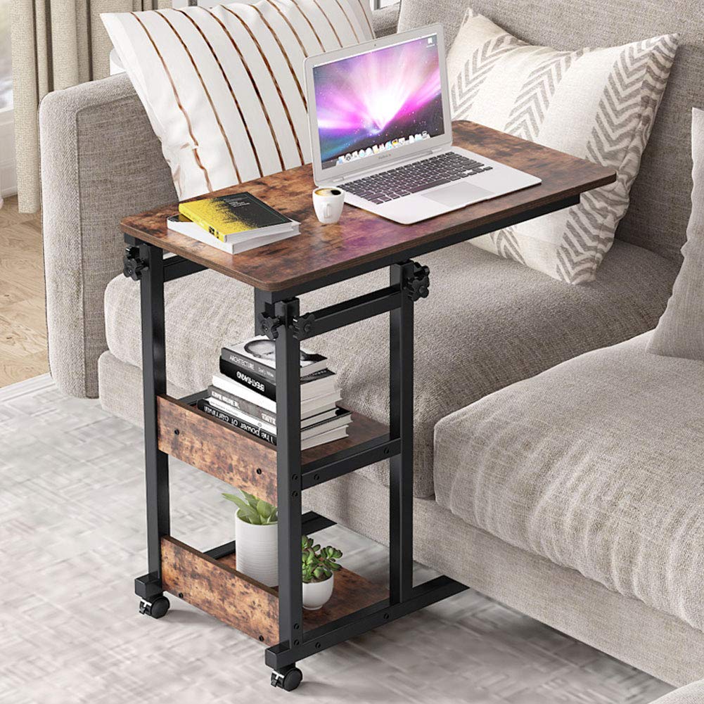 Tribesigns Adjustable Height C-Shaped End Table with Storage Shelves & Wheels - Mobile Laptop Stand, Snack Tray for Sofa, Bed, Living Room & Office (Brown) - Perfect for Working, Eating & Relaxing in Bed or on the Couch