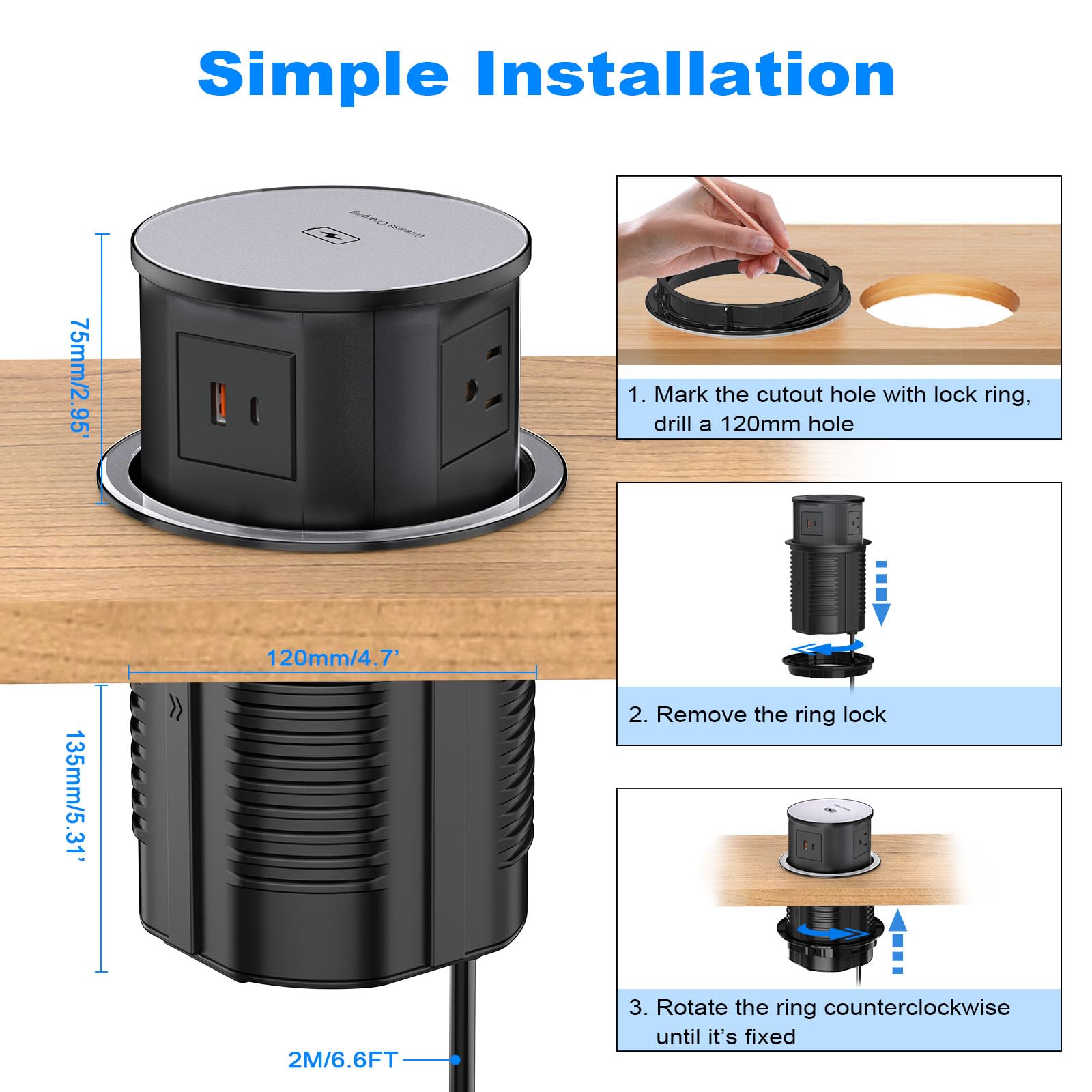Pop Up Outlet with 15W Wireless Charger - 4 AC Outlets, 1 USB-A & 1 USB-C Port - Retractable Recessed Power Strip for Kitchen Countertop, Office Desk - 4.7 Inch Hidden Electrical Socket (Black) - Perfect for Charging Phones, Laptops & Small Appliances