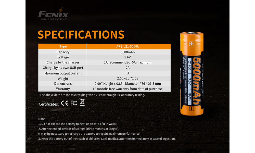 Fenix 21700 Rechargeable Battery 5000mAh High Capacity - Perfect for Flashlights, Headlamps & Outdoor Gear