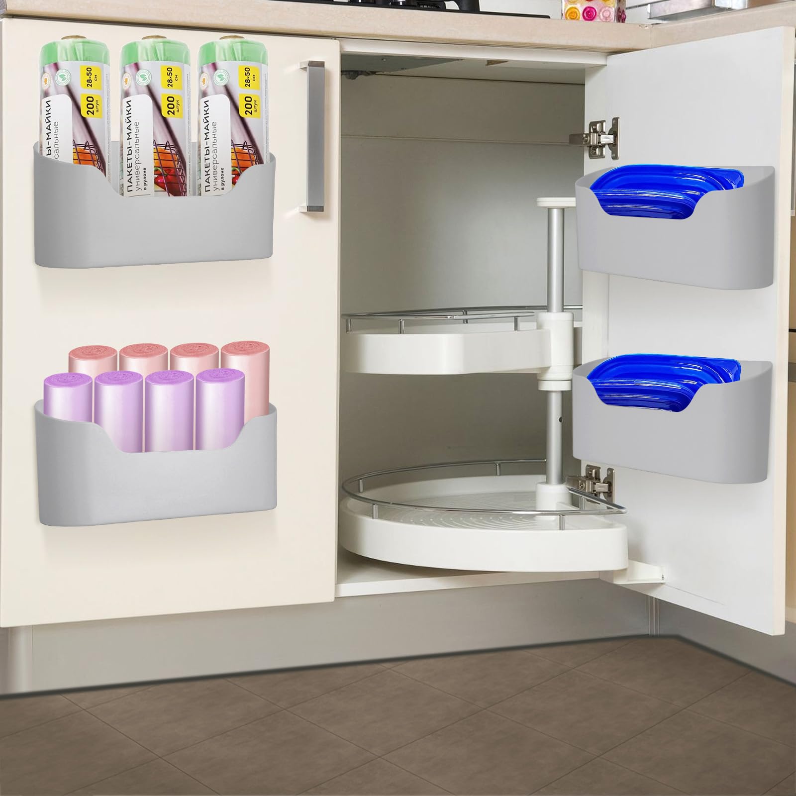 4 Pack No Drill Wall Mounted Cabinet Door Organizer with 6 Hooks - Space Saving Lid Holder for Kitchen, Pantry, RV, Bathroom & Closet - Perfect for Food Storage, Spices, Utensils & Cleaning Supplies