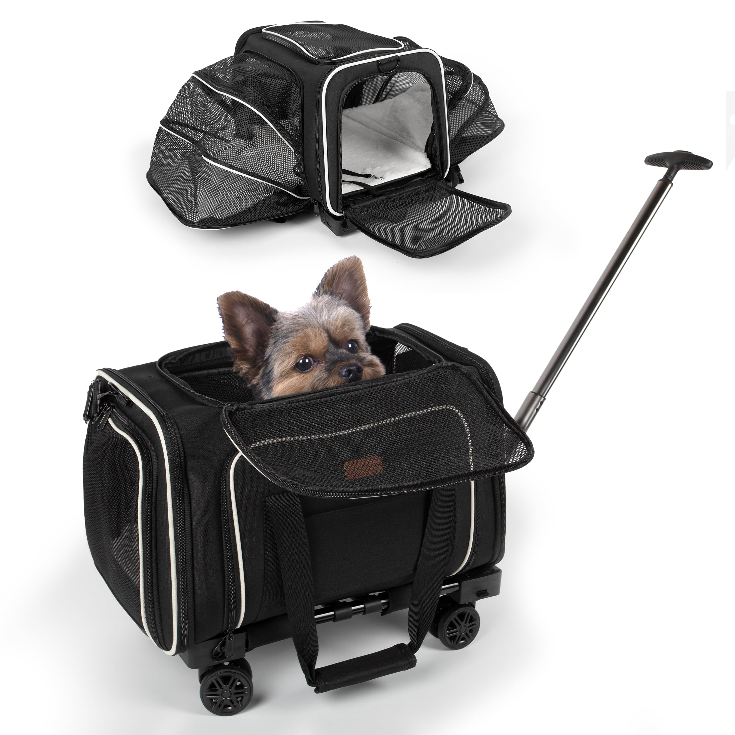 Airline Approved Pet Carrier for Dogs & Cats Up to 20 LBS - Expandable, Wheeled Travel Carrier with Soft Lining - Premium Black Design for Comfortable Car Rides & Airplane Travel