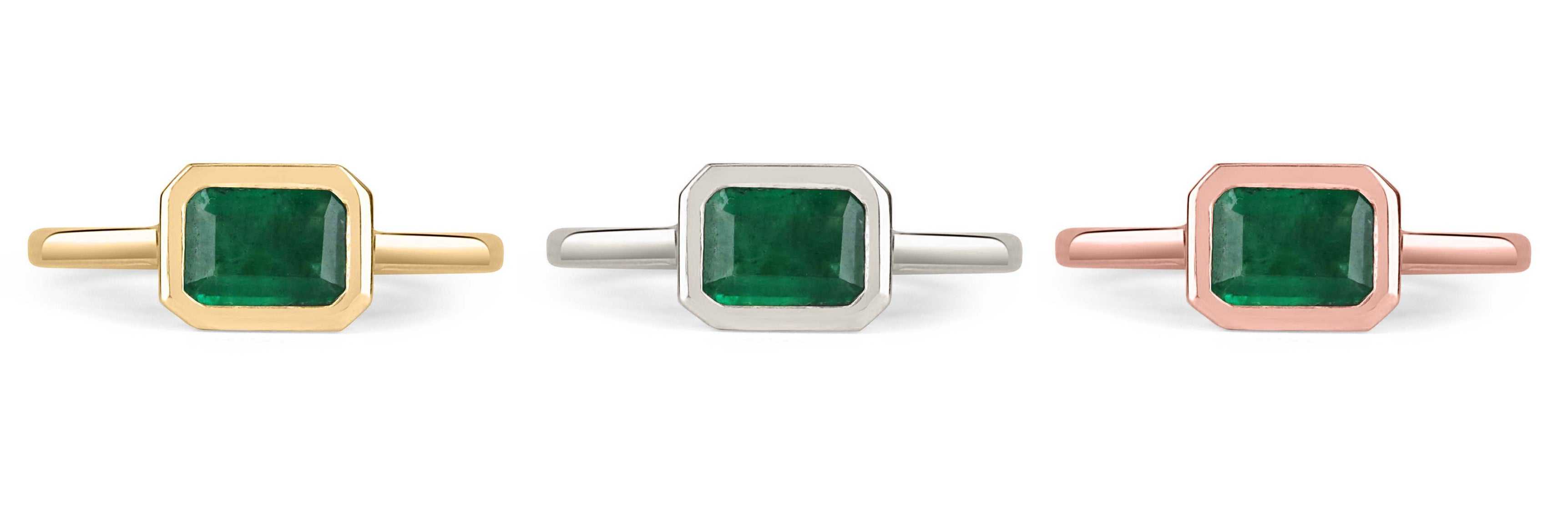 1.0 Carat Bezel East to West Dark Green Emerald Cut Solitaire Ring in 14K Gold – Elegant Minimalist Jewelry for Engagement, Wedding & Everyday Wear