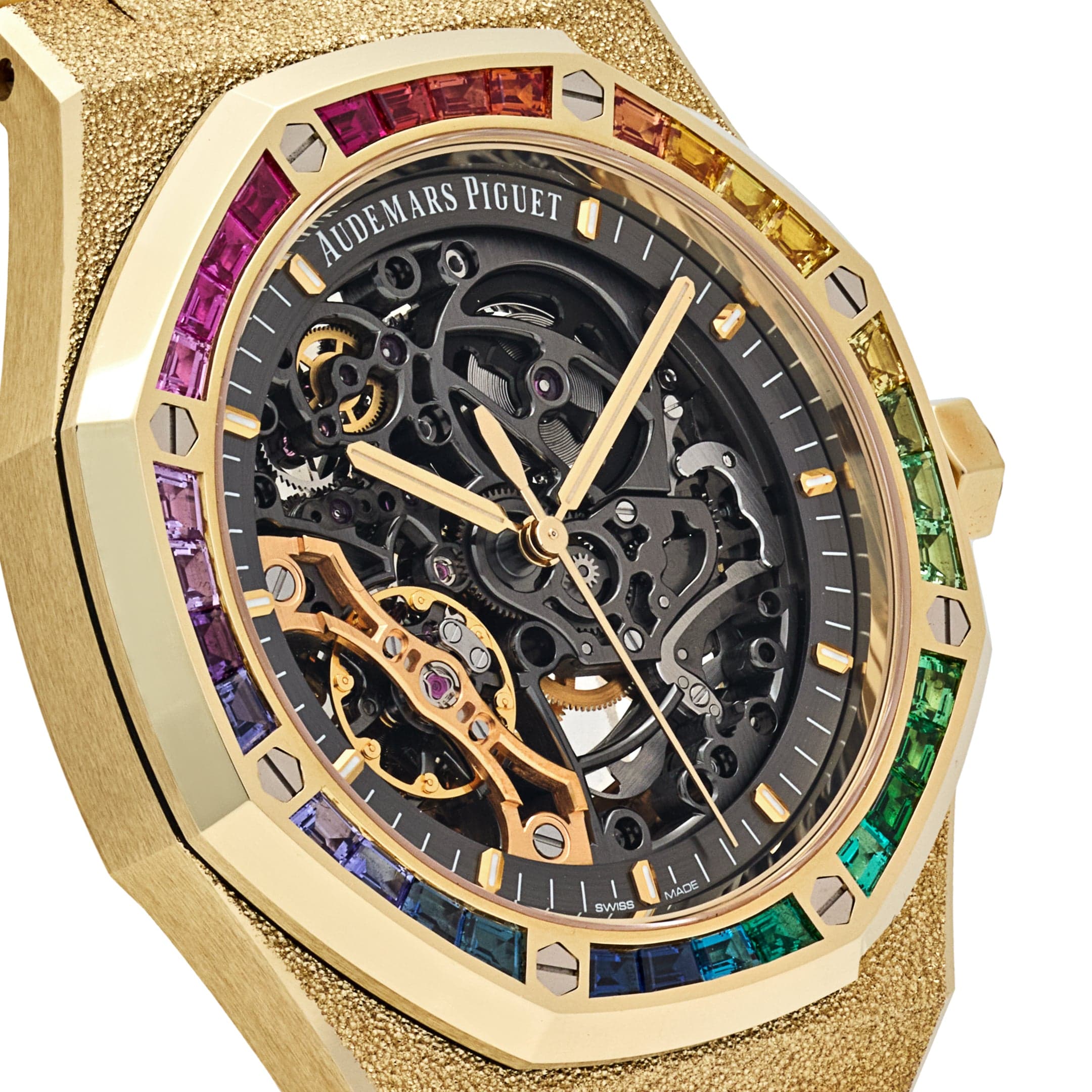 Audemars Piguet Royal Oak 15412BA.YG.1224BA.01 Rainbow Baguette Frosted Yellow Gold Double Balance Wheel Luxury Watch - Perfect for Formal Events, Business Meetings & Special Occasions