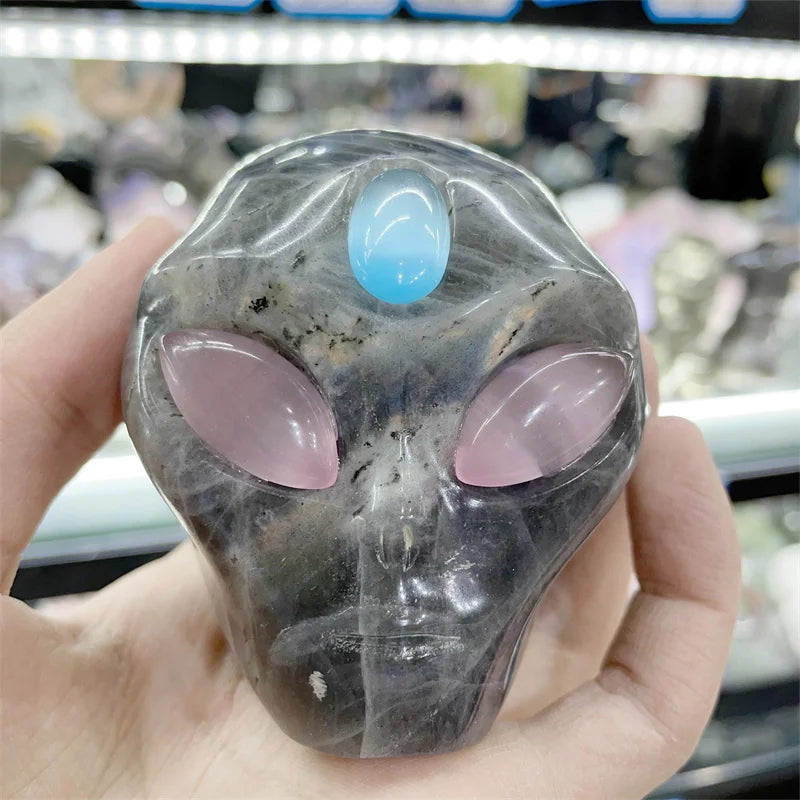 Natural Labradorite Crystal Carved Alien Skull - Healing Stone for Chakra Balancing, Reiki Energy, Unique Spiritual Gift & Home Decor | Perfect for Meditation Spaces, Yoga Rooms & Crystal Collections