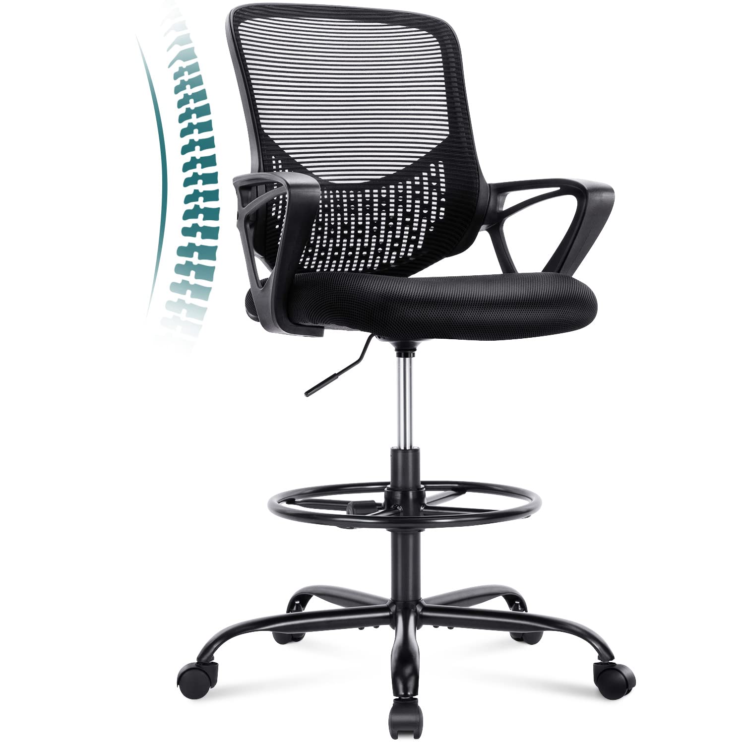 Ergonomic Drafting Chair - Adjustable Height Office Chair with Mid Back Mesh & Foot Ring for Standing Desks - Black - Perfect for Architects, Designers & Home Office Workspaces