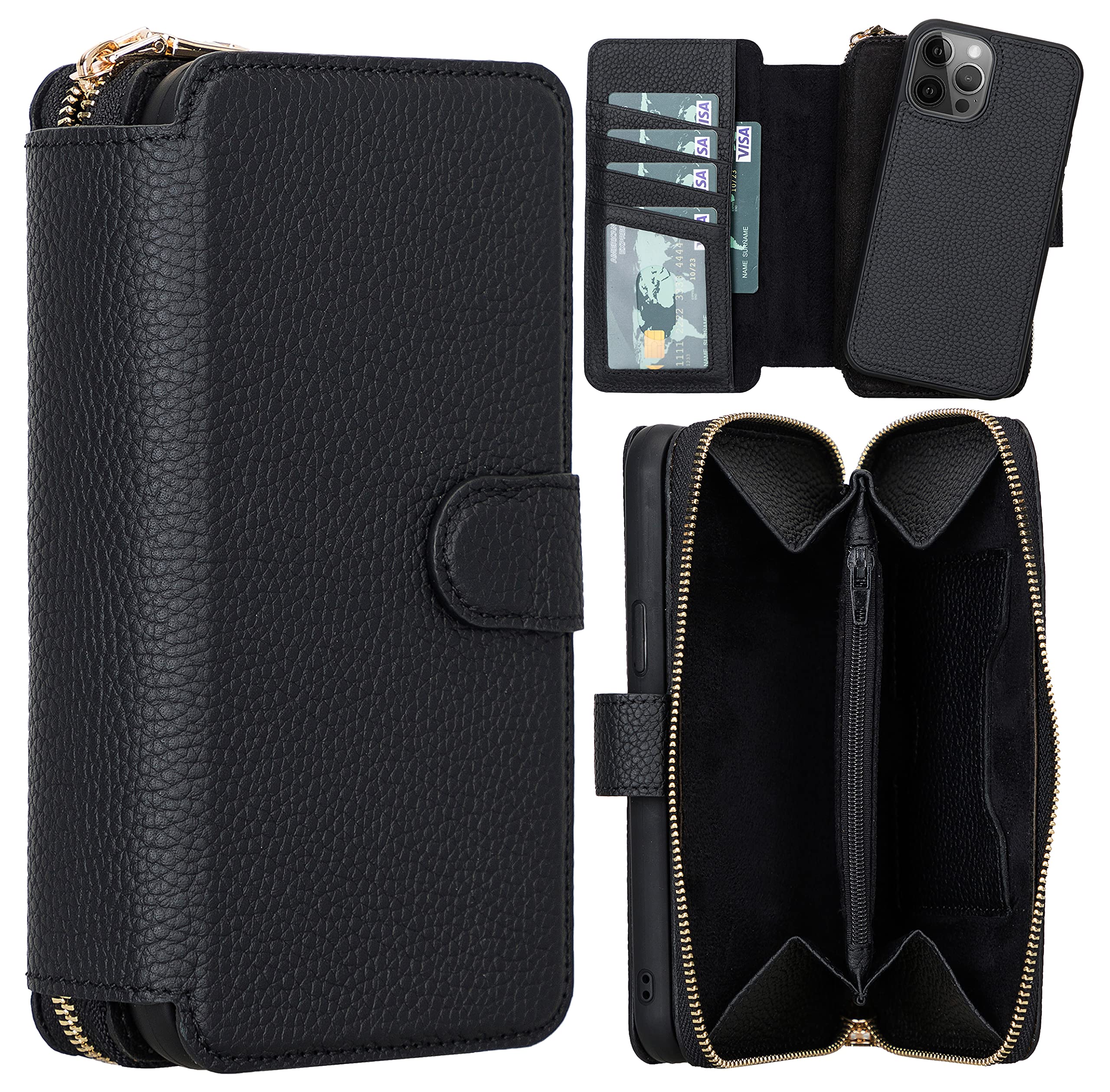 Premium Full Grain Leather Zipper Wallet Case for iPhone 12 Pro Max - Magnetic Detachable Tyana Cover with Zipped Pouch & Card Slots - Multi-Function Protective Phone Purse (Floater Black) | Perfect for Travel, Business & Everyday Use