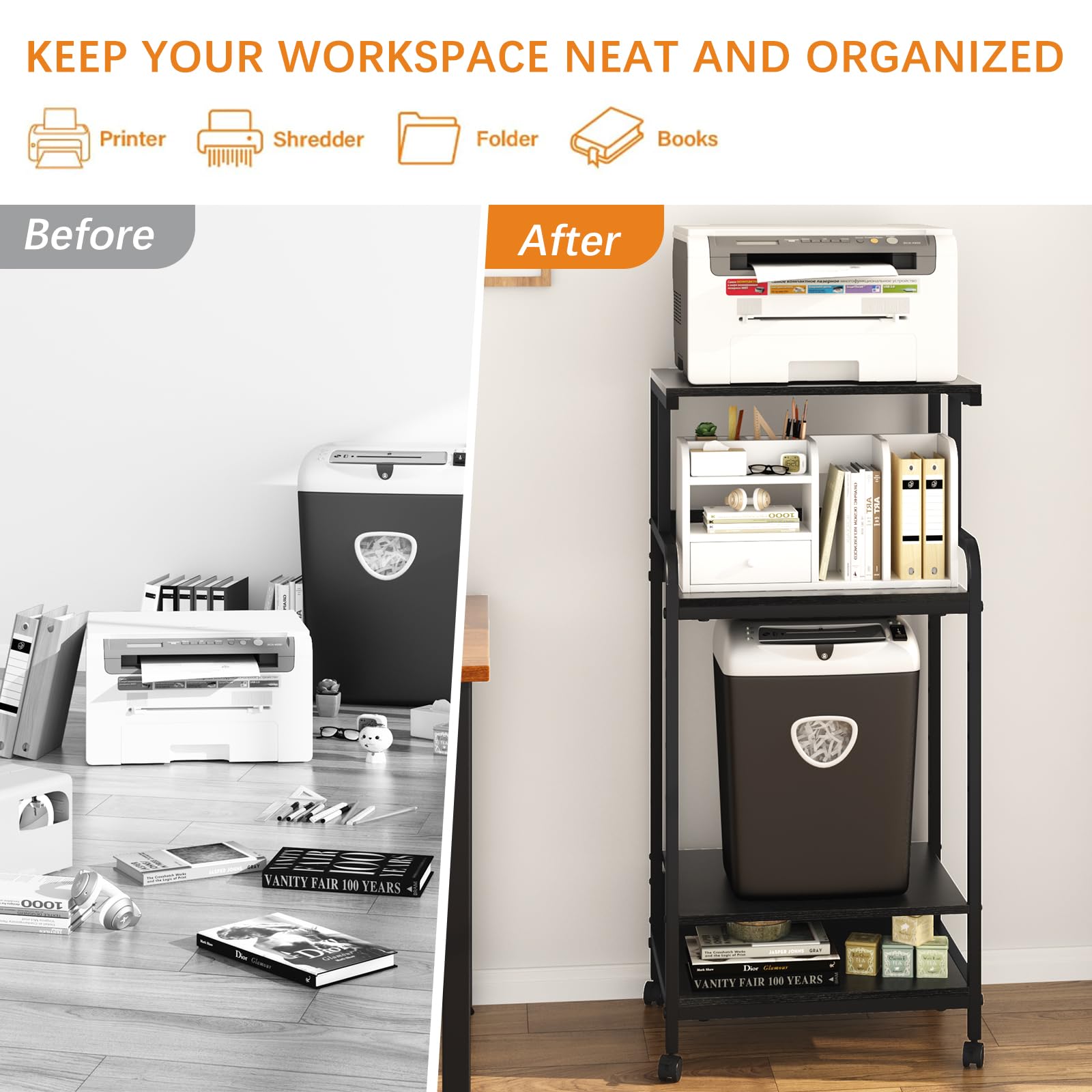 4 Tier Printer Stand with Storage Shelf - Large Mobile Printer Cart with Wheels for Home Office - Adjustable Printer Table for Heat Press, Scanner & Fax - Black (Perfect for Small Spaces & Office Organization)