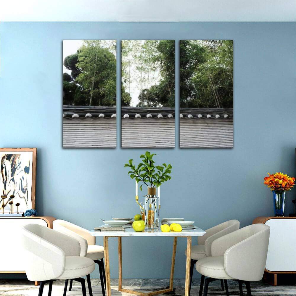 Traditional Gray Stone Wall with Bamboo Trees Seoul Korea - Canvas Wall Art for Modern Office & Home Decor - 3 Panel Painting for Living Room & Bedroom - Perfect for Asian-Inspired Interior Design & Zen Spaces