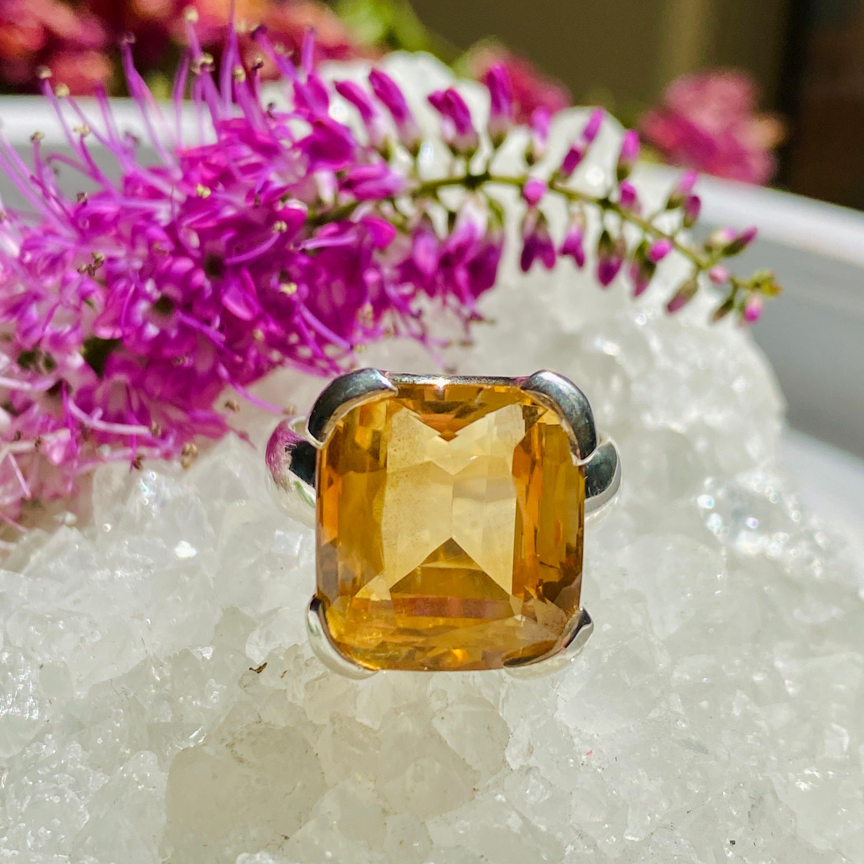 Natural Citrine Gemstone Rectangular Faceted Ring - Size 8, KRGJ2150 - Elegant Jewelry for Women, Perfect for Weddings, Parties & Everyday Wear