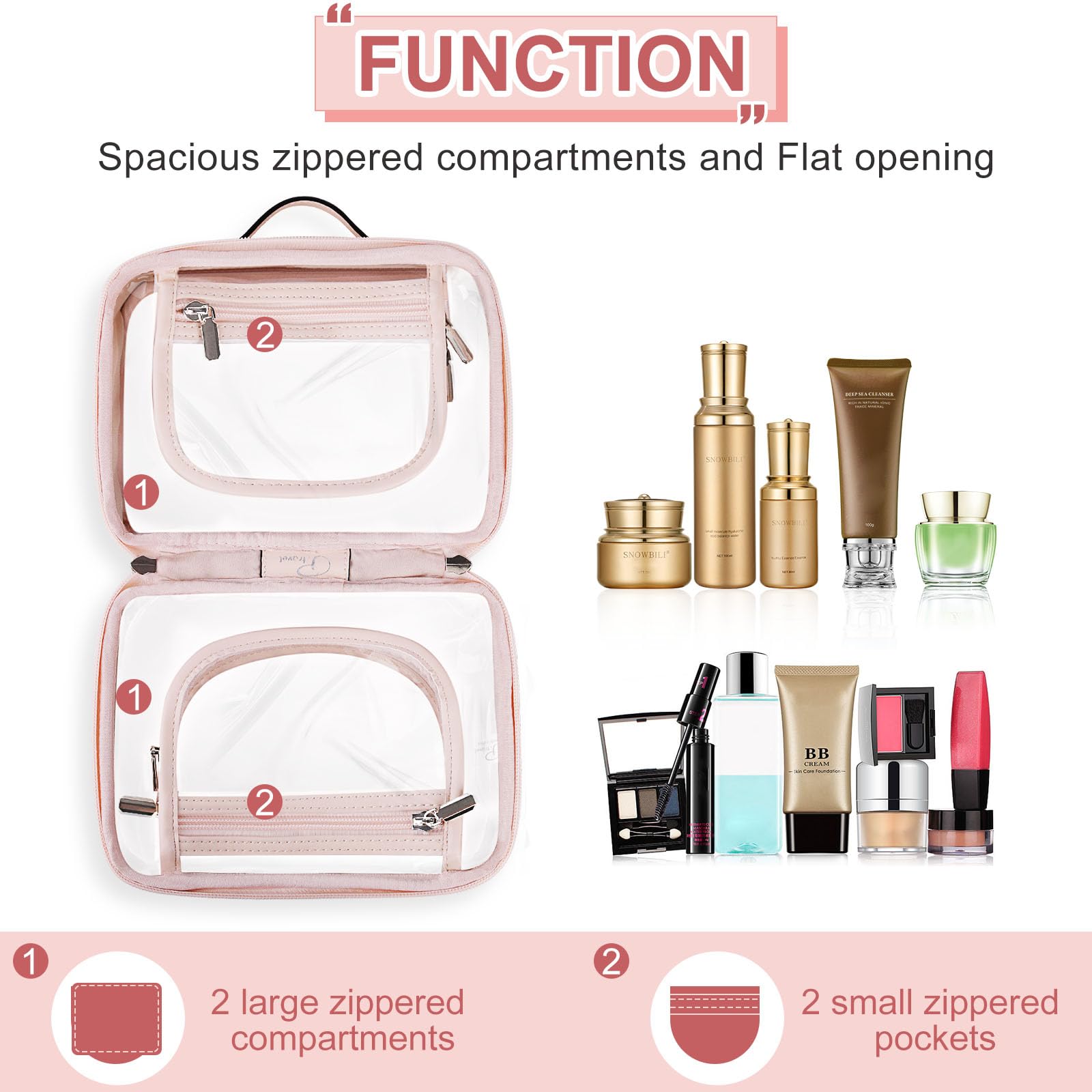Clear Travel Toiletry Bag with Zipper - 2 Layer Waterproof Cosmetic Organizer for Makeup & Essentials