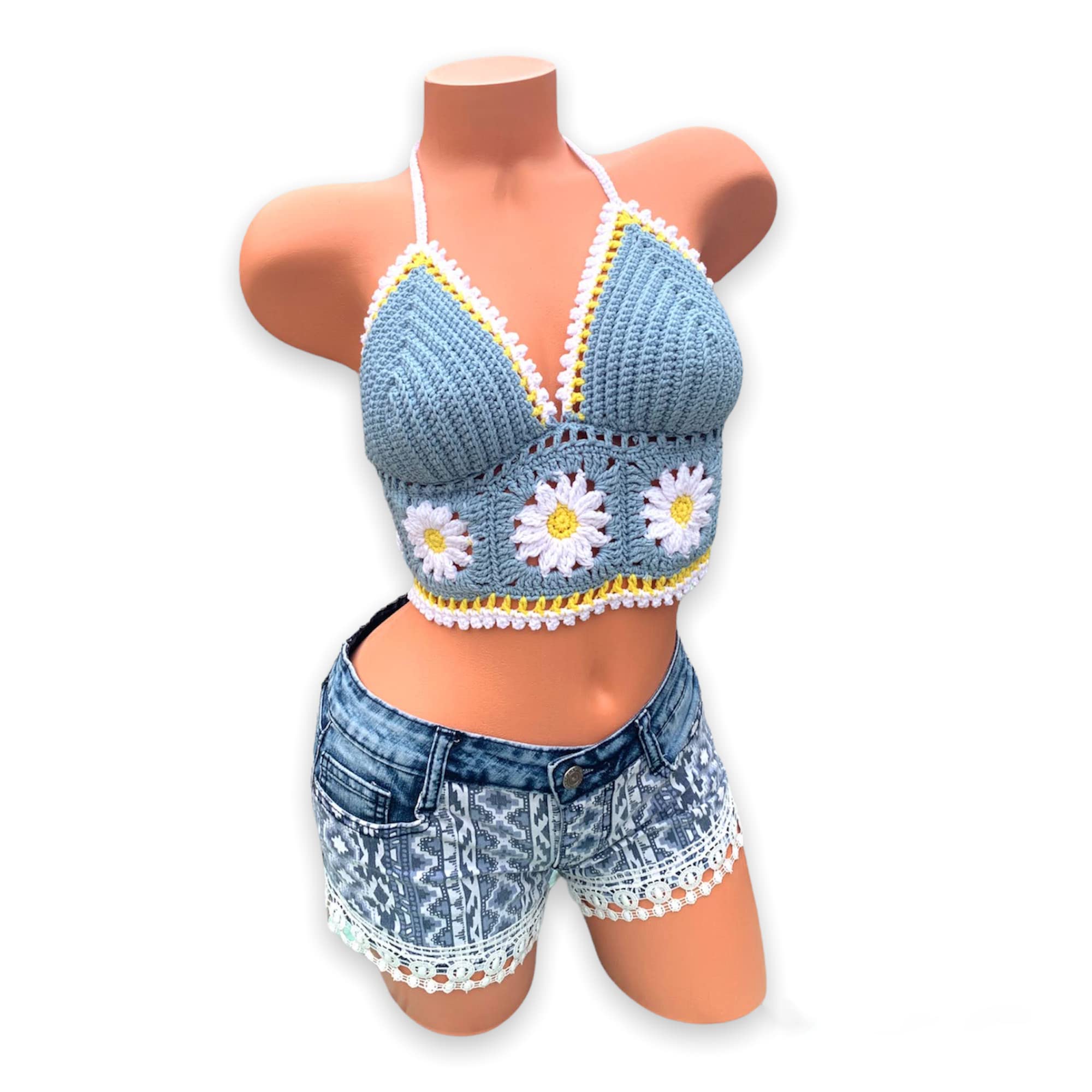 Daisy Crochet Halter Top for Women - 38A Bralette & Crop Top for Music Festivals, Yoga, Hooping, Rave - Boho Summer Beachwear & Festival Outfit