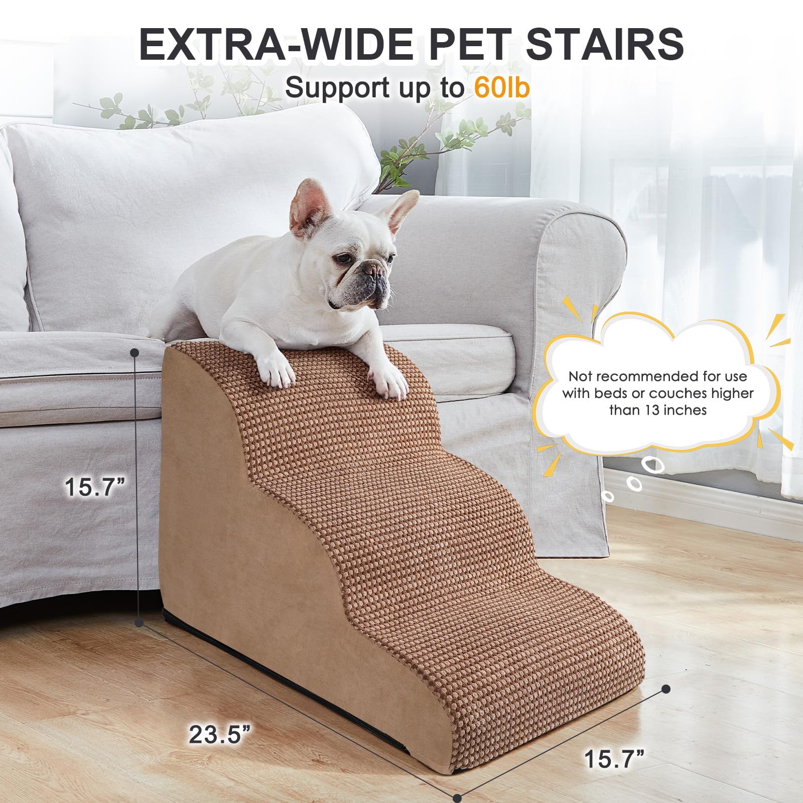 Ryoizen 3-Tier Non-Slip Dog Stairs for Small Dogs & Puppies - High Density Foam Pet Steps for High Beds & Couches - Perfect Dog Ladder with Bonus Lint Roller (Tan Brown) - Ideal for Elderly Pets, Injured Dogs & Home Use