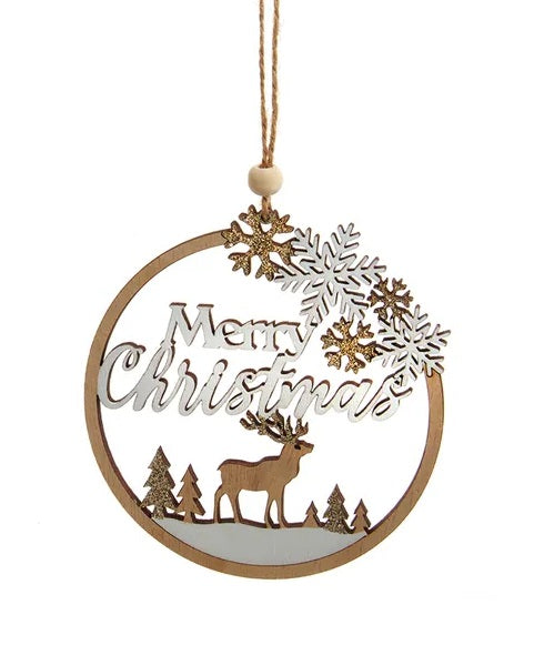 4.5 Inch Wooden Round Glittered Christmas Ornament - Handmade Holiday Tree Decor for Xmas, Home, Party & Gift Giving