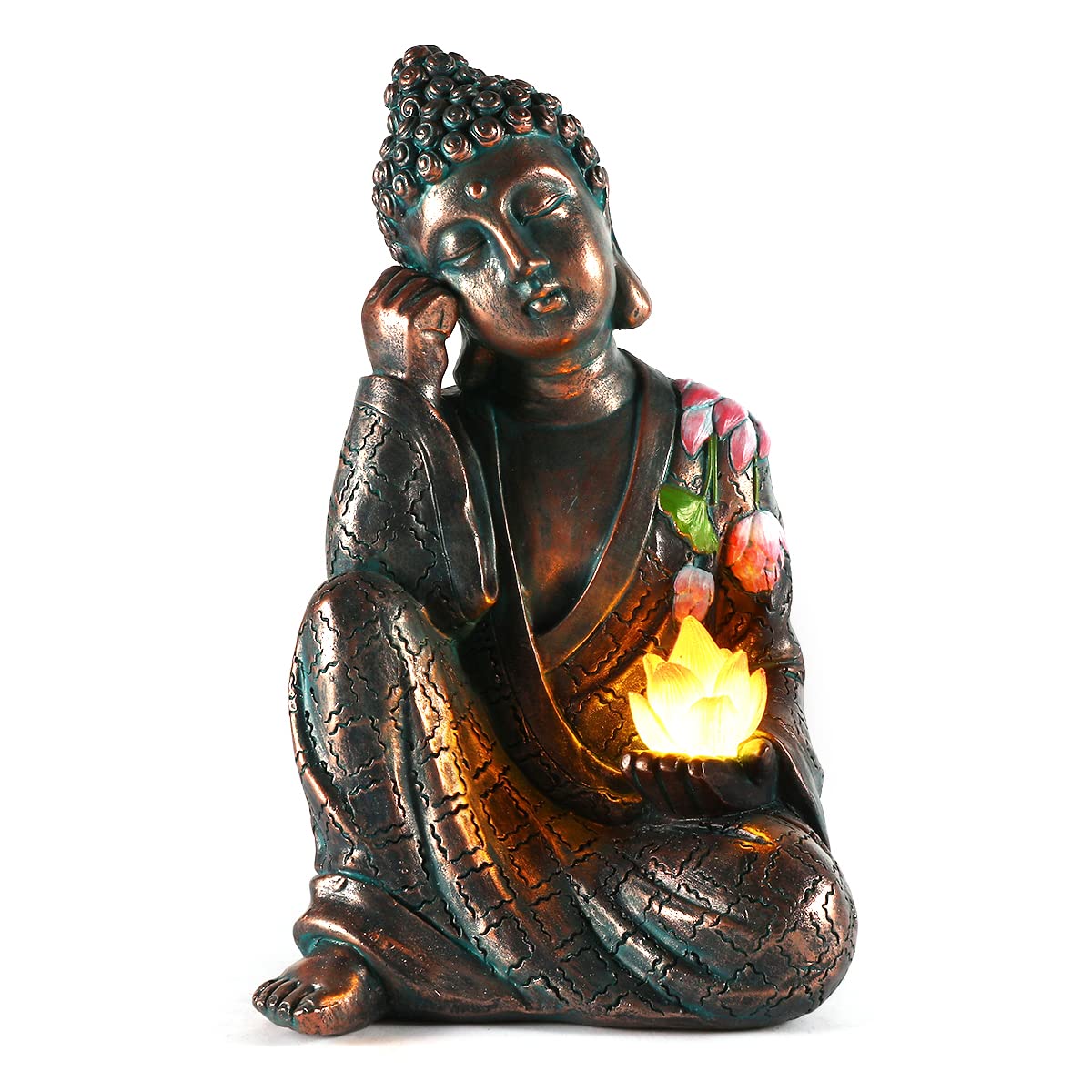 Large Bronze Lotus Sitting Buddha Statue with Solar Lights - Outdoor Zen Garden Decor, Asian Art Sculpture for Patio, Yard & Lawn - Perfect for Meditation, Halloween & Christmas Ornaments (Gift Idea)