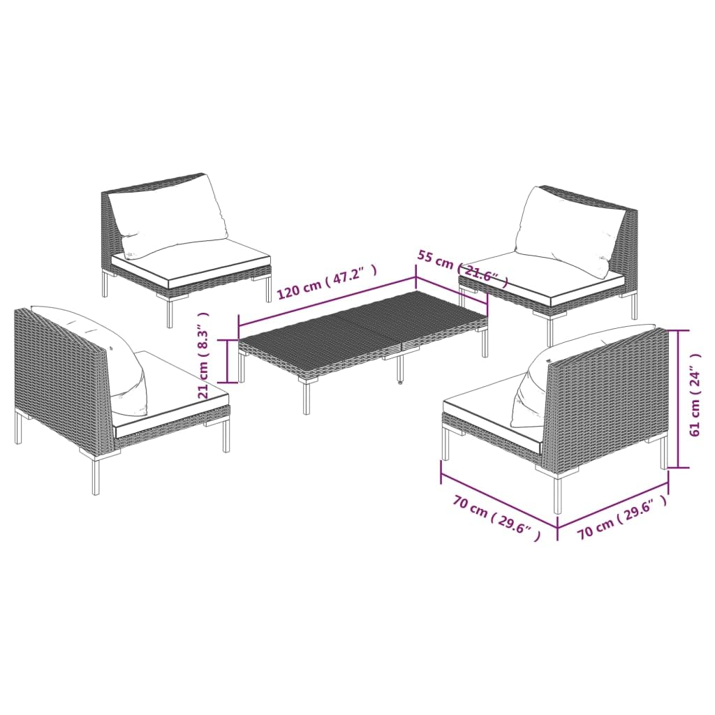 vidaXL Dark Gray Patio Lounge Set with Cushions - Weather-Resistant Poly Rattan Outdoor Furniture – Powder-Coated Steel Frame, Comfortable Cushions, Easy to Clean - Perfect for Patio, Garden, Poolside & Backyard Relaxation