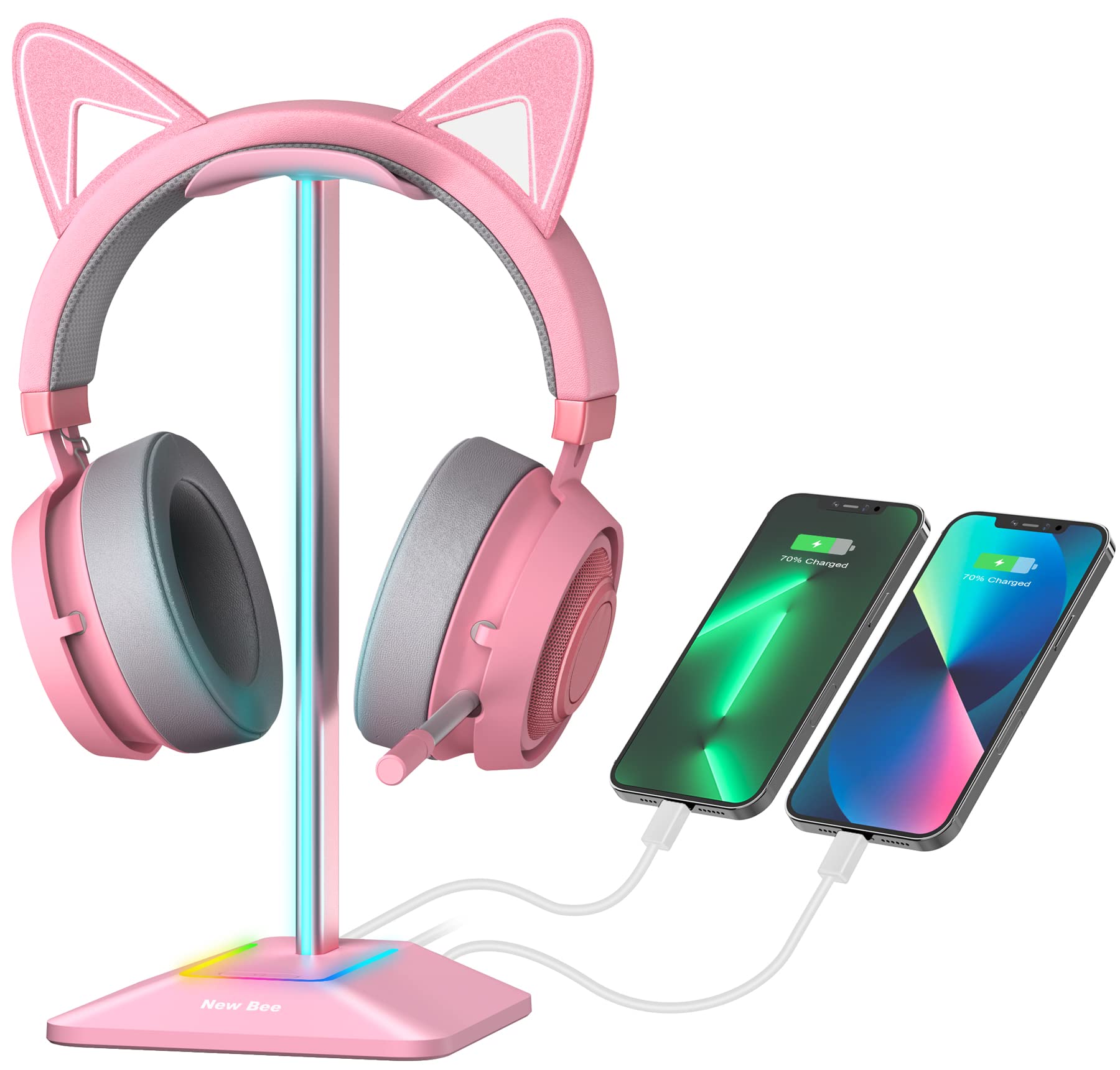 RGB Gaming Headset Stand with 2 USB & Type-C Ports - Universal Headphone Holder for PC, PS5, Xbox - Rose Color - Perfect for Gaming Setup & Desk Organization