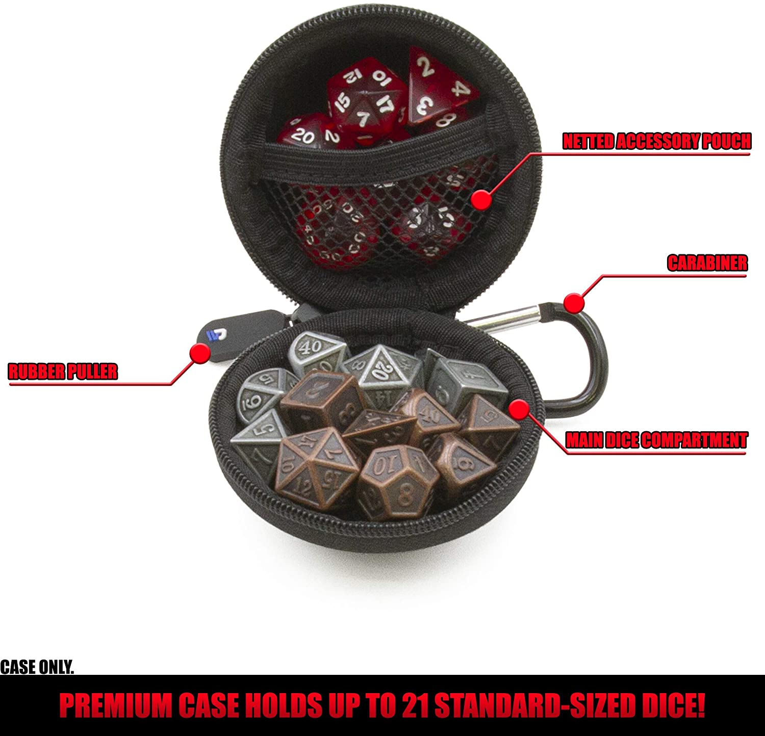 CASEMATIX Ultra Compact Travel Dice Case - Durable Dice Holder for 21 RPG Dice with Non-Scratch Interior & Metal Carabiner - Perfect for D&D, MTG, Board Games & Travel