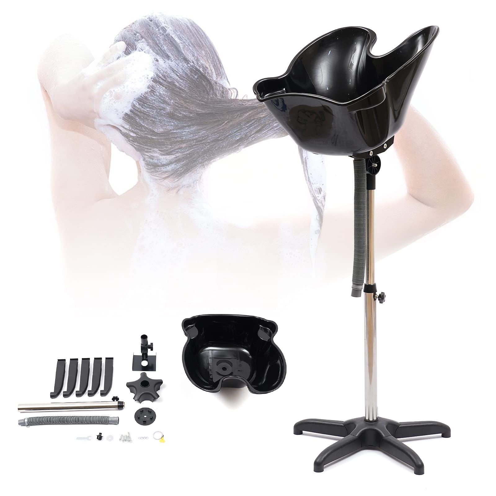 Portable Hair Washing Station - Adjustable Height Salon Shampoo Sink with Drain Hose | Deep Shampoo Basin for Hair Treatment & Washing | Perfect for Home Salon, Barber Shop & Mobile Hair Services