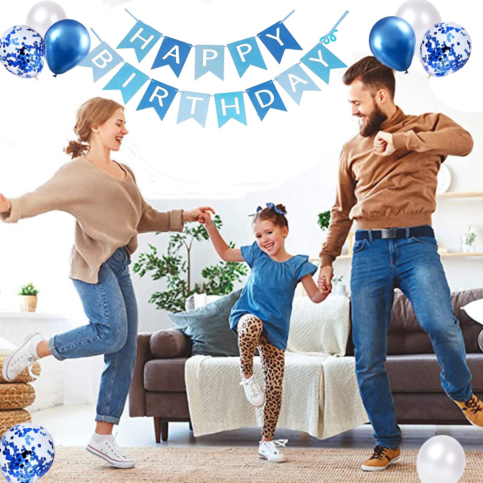 Happy Birthday Banner - Black Gold Silver Party Decorations, 12 Inch Bunting Banners & Balloons for Birthday Party Decor (Blue) | Perfect for Indoor/Outdoor Celebrations, Baby Showers & Anniversary Parties