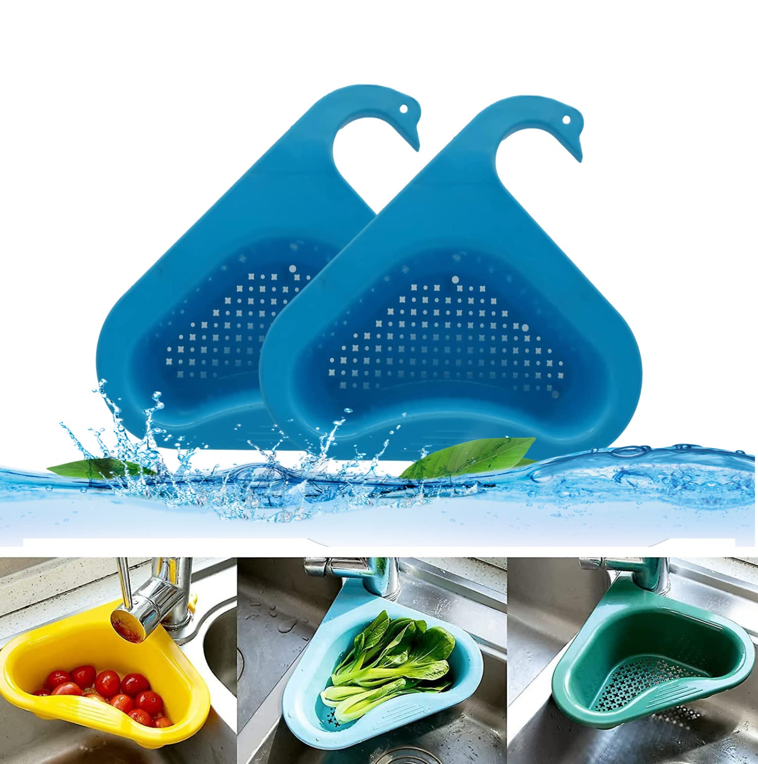 2-Pack Blue Kitchen Sink Drain Basket - Triangle Filter Strainer with Swan Neck Design for Efficient Drainage | Perfect for Food Scraps, Dishwashing & Preventing Clogs in Home Kitchens
