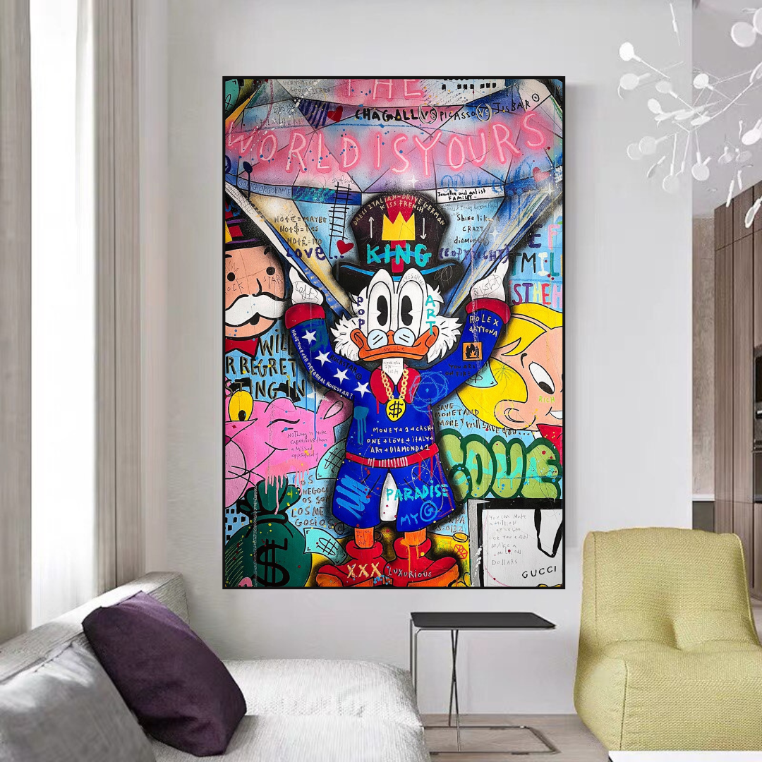 Scrooge Canvas Wall Art - The World is Yours | Premium Vintage Money Theme Decor | Perfect for Home Office, Living Room & Man Cave Decorations