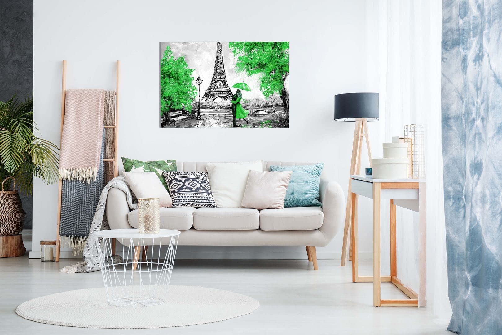 Paris Eiffel Tower Oil Painting Reproduction - Green Canvas Wall Art Print (36x24 Inch) for Living Room, Bedroom & Office Decor