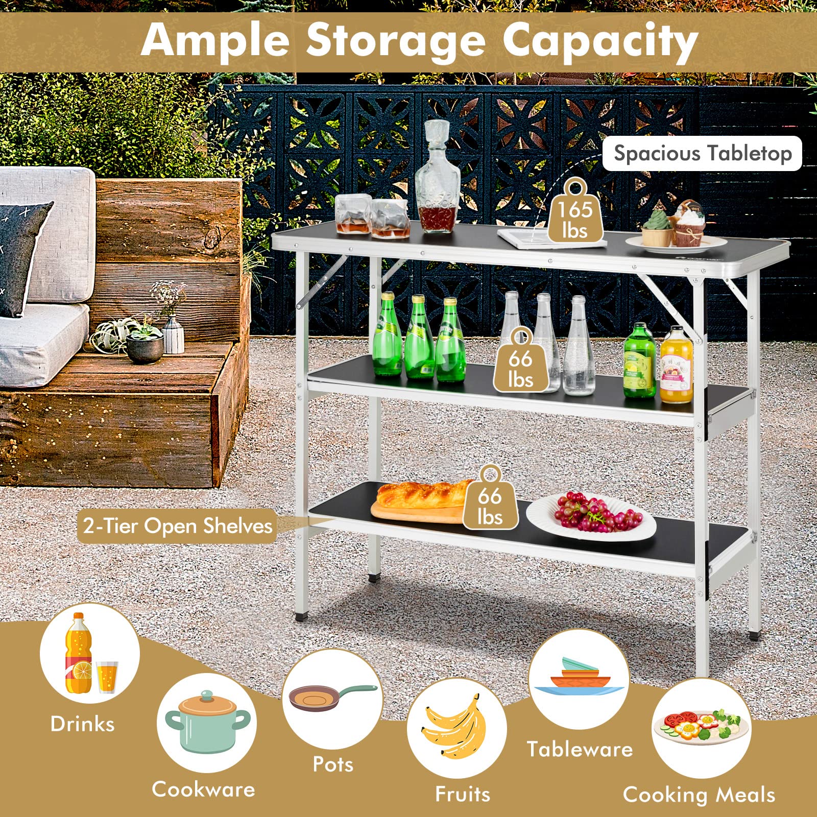 COSTWAY Folding Camping Table - Portable Aluminum Picnic Table with Carry Bag & 2 Shelves - Lightweight Outdoor Dining Table for BBQ, Party, Backyard, Beach, Tailgating & RV Camping (Black)