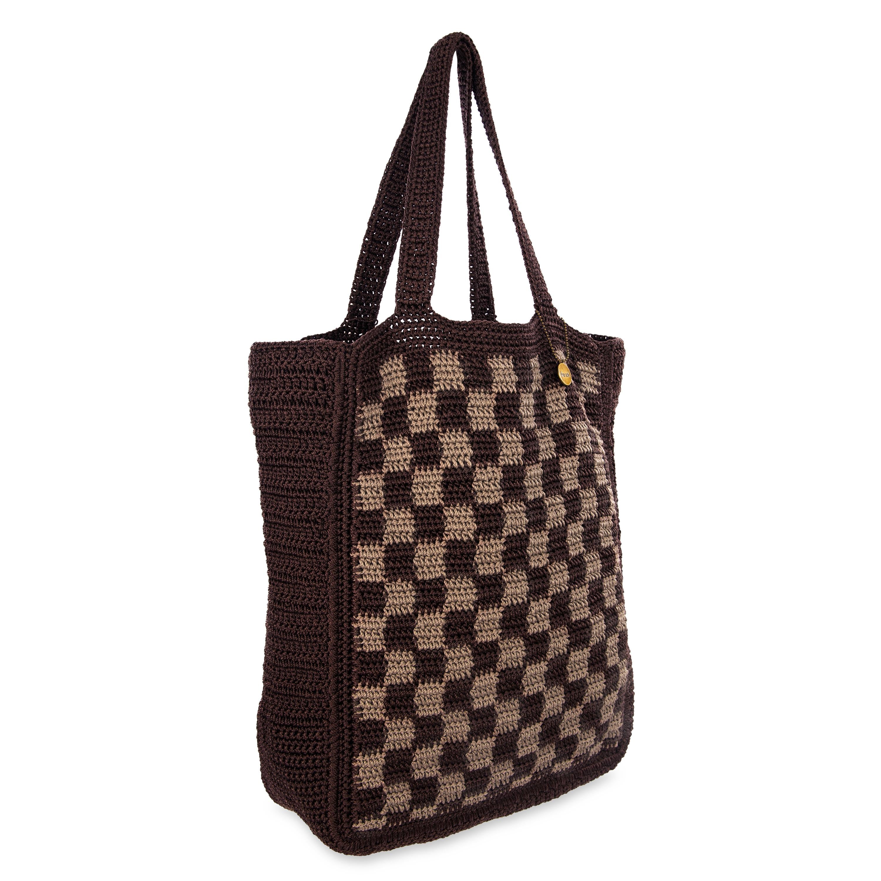 Lanie Market Tote Bag - Hand Crochet Brown Checkered Eco-Friendly Shopping Bag - Perfect for Groceries, Beach Trips & Farmers Market