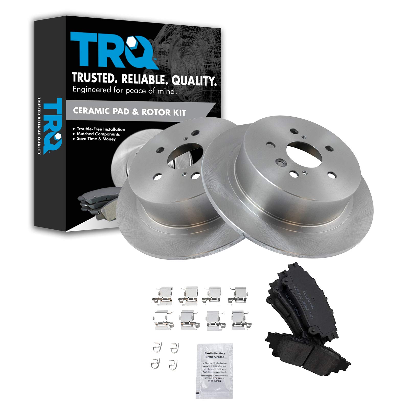 TRQ Rear Brake Pad and Rotor Kit - Ceramic Brake Pads & Rotors for 2014 Toyota Highlander - Perfect for Smooth Stopping and Enhanced Safety on Highways and City Roads