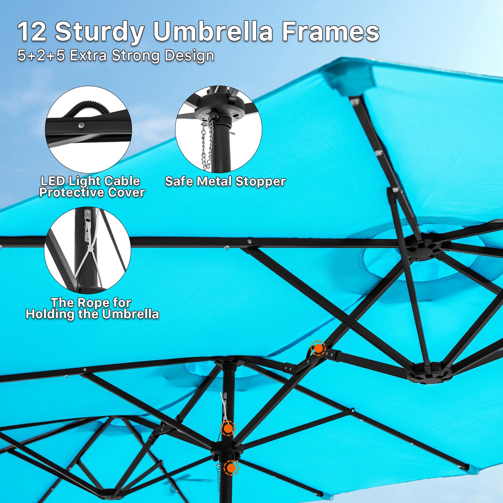 FREE SOLDIER 13ft Solar LED Patio Umbrella with 36 Lights - Double Sided Outdoor Sun Shade for Garden, Yard, Poolside - Perfect for Dining, Lounging & Outdoor Entertaining (Turquoise)