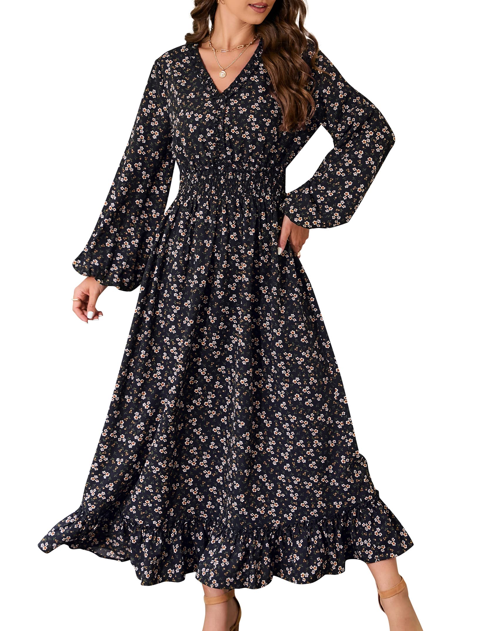 MISSKY Women's Casual V-Neck Boho Floral Print Maxi Dress - Bohemian Flowy Wedding Guest Dress for Beach, Party & Summer Vacations