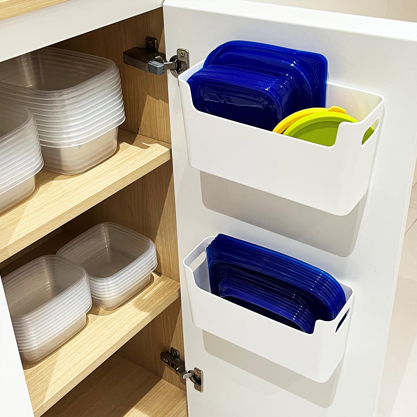 MaraFansie 2-Pack Over Cabinet Organizer - No Drill Adhesive Lid Storage Caddy, Space Saving Door Organizer for Kitchen & Bathroom (White) - Perfect for Spice Racks, Cleaning Supplies & Toiletries Storage