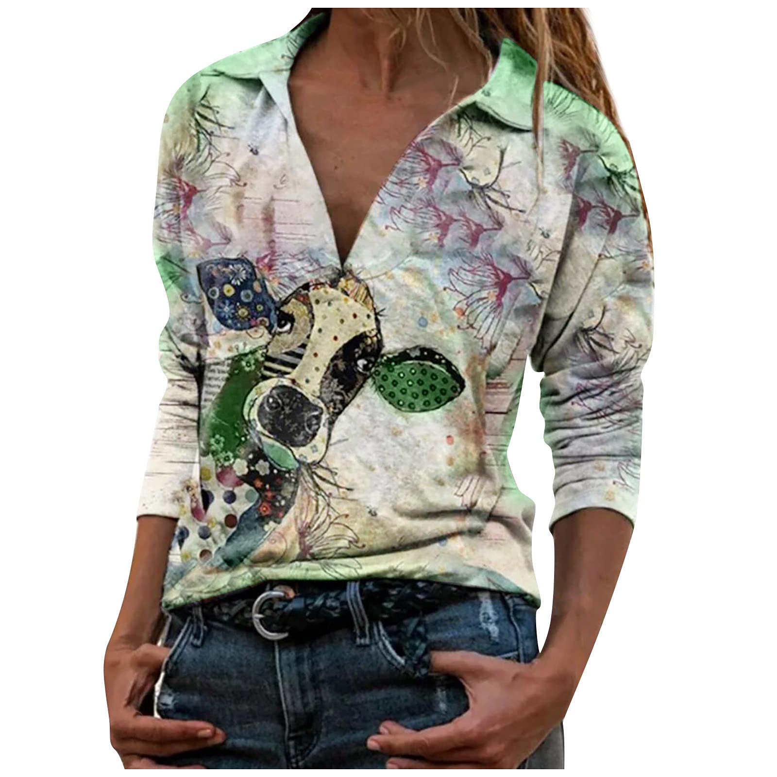Stylish Women's Summer Tops - Casual Printed V-Neck Long Sleeve Blouse | Loose Fit Thermal Shirt for Everyday Wear & Outdoor Activities
