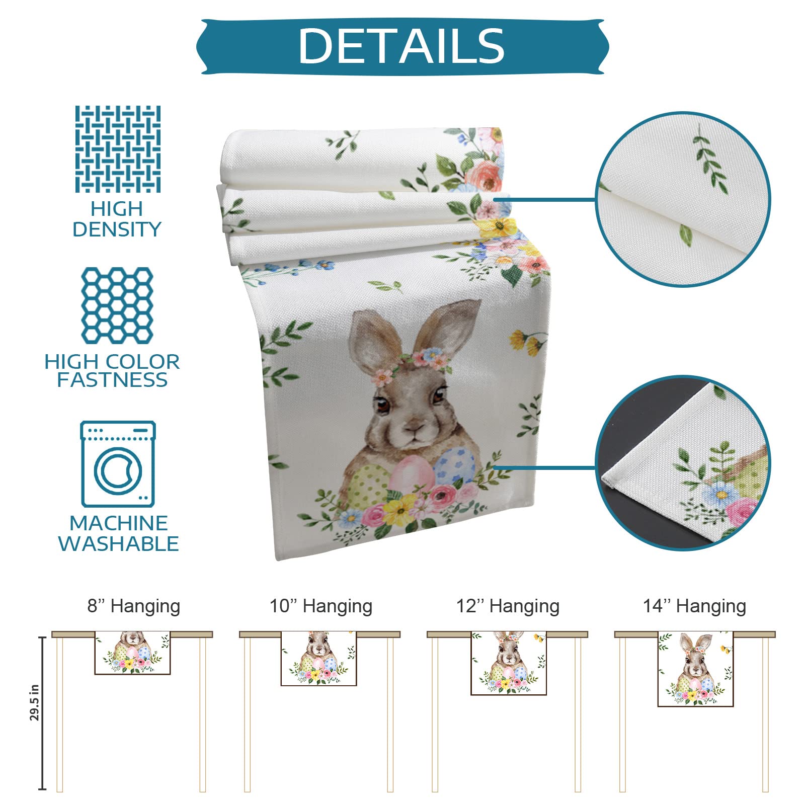 Easter Bunny Cotton Linen Table Runner - 13x108 Inch Spring Floral Easter Egg Table Decor for Family Dinners, Banquets, Parties & Celebrations - Perfect for Easter Brunch, Holiday Gatherings & Home Decor