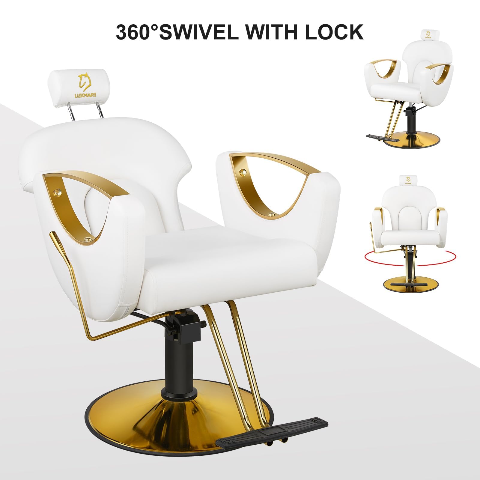 Professional Hydraulic Barber Chair - 360° Swivel Reclining Salon Styling Chair with Rolling Casters | White Hair Cutting & Shampoo Equipment for Barber Shops & Home Salons