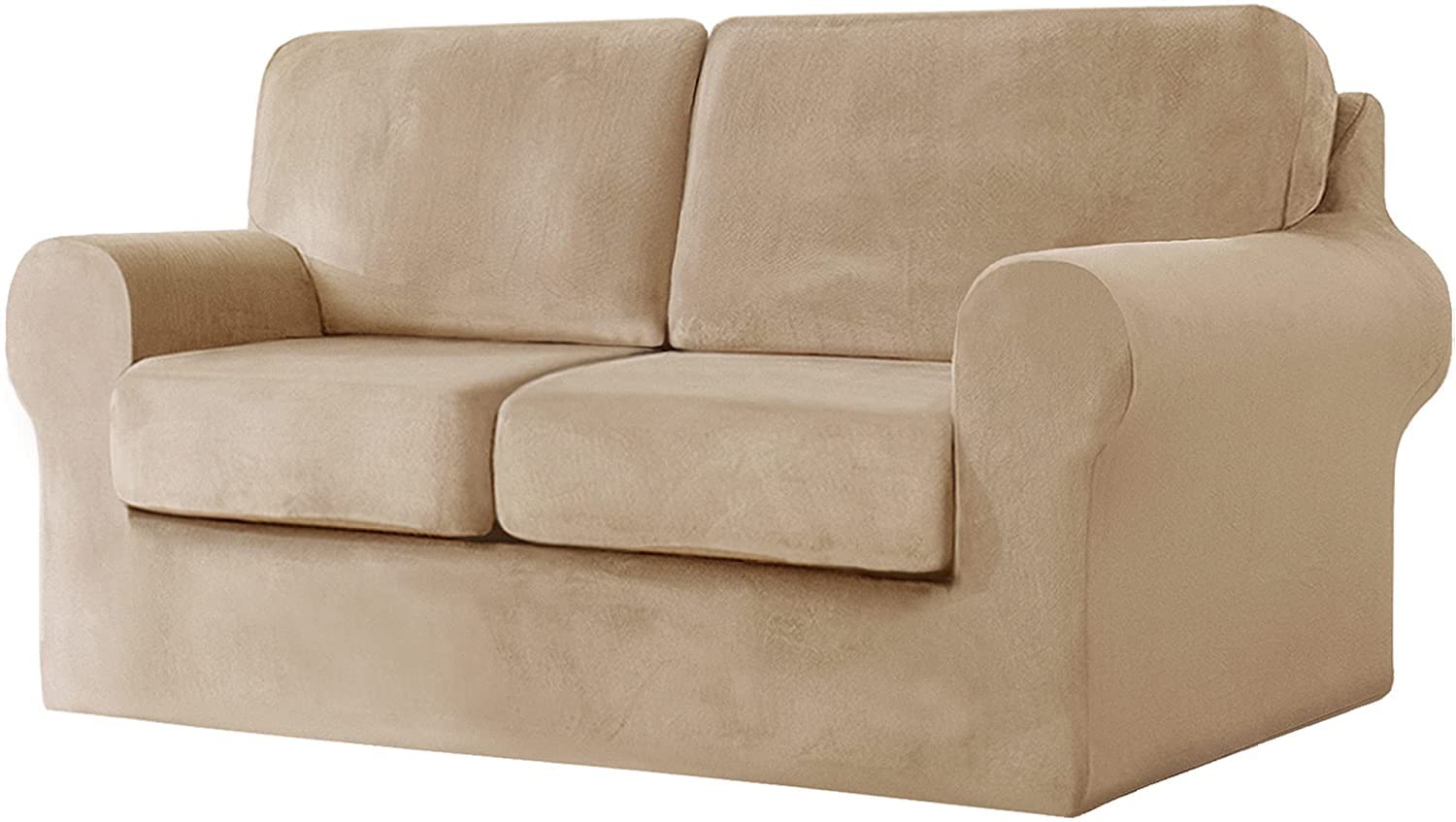 Stretch Velvet 5-Piece Loveseat Sofa Cover Set - 2 Seater Couch Slipcover with Separate Backrests & Cushion Cover, Elastic Band for Pets & Kids (Sand Color) - Perfect for Living Room, Apartment & Pet-Friendly Homes