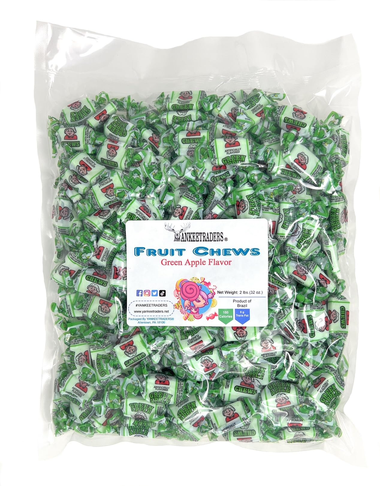 Green Apple Flavored Fruit Chews Candy - 2 Pounds Bulk Bag - Sweet & Tangy Soft Chewy Candy for Parties, Snacks, and Office Treats