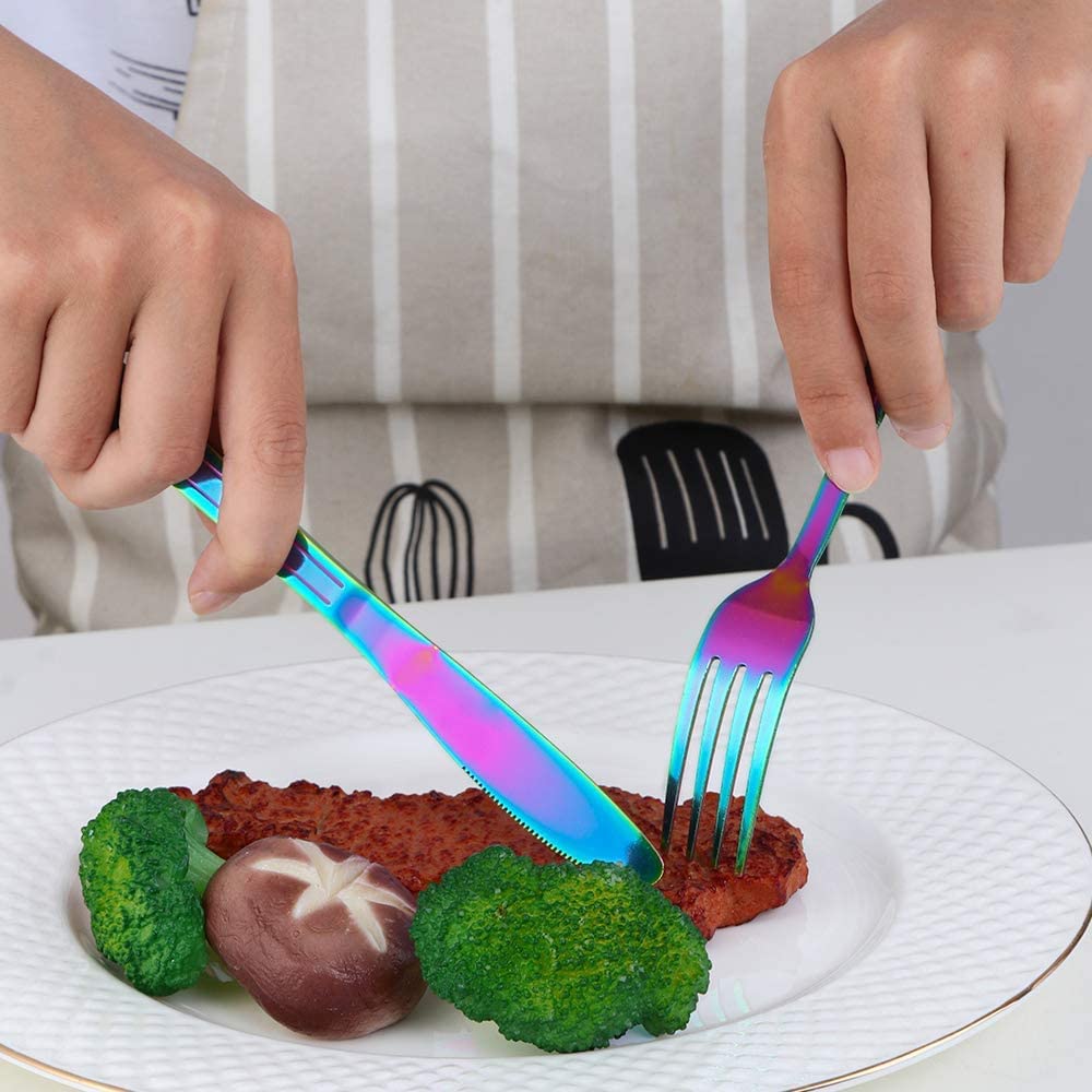 Rainbow Stainless Steel Dinner Knives Set of 12 - Titanium Coated Butter & Steak Knives with Elegant Line Design for Daily Use, Catering, Restaurants & Weddings - Perfect for Fine Dining, Home Entertaining & Professional Kitchen Service