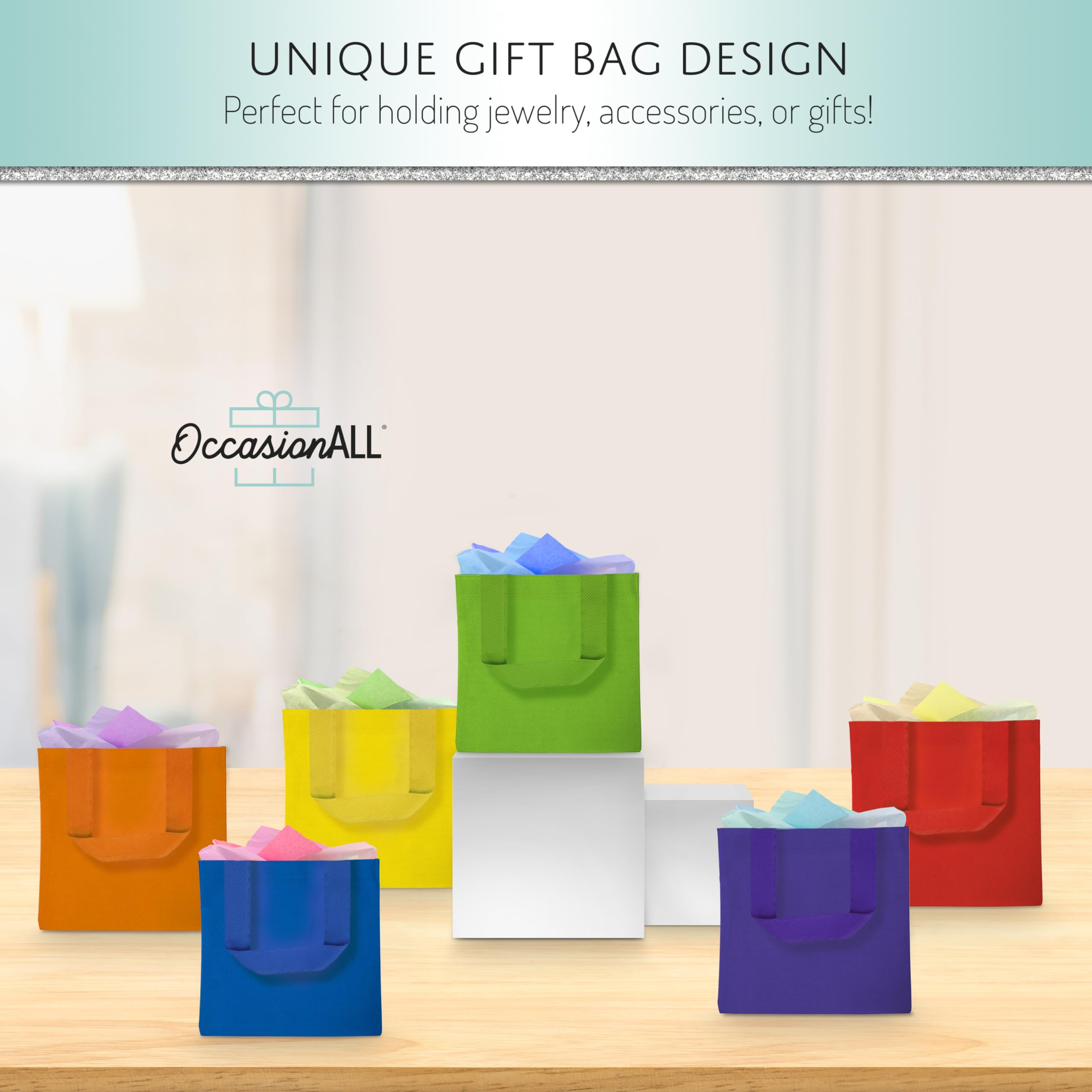 OccasionALL Small Reusable Gift Bags with Handles - 12 Pack (6x6 Inches) - Eco-Friendly Party Favors, Grocery Shopping, Birthday Treats & Goodie Bags - Perfect for Kids Birthdays, Christmas Wrapping & Bulk Gift Giving